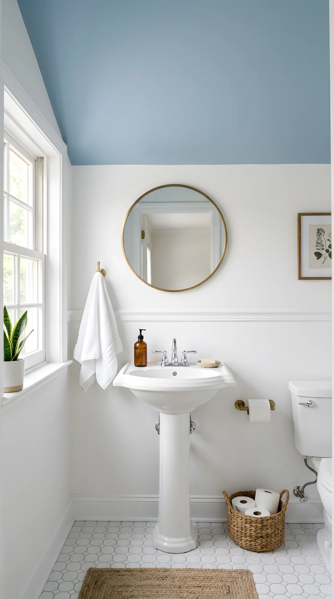 Real-life stock photo of a small guest bathroom with a soft dusty blue ceiling (RGB 158,180,199) and crisp white walls, white pedestal sink below, neatly made towel on a hook, organized and clean, bright natural light illuminating the ceiling color, vibrant soft blue tone, Pinterest-ready styling, photographed like an interior design magazine, no illustration, no 3D render.