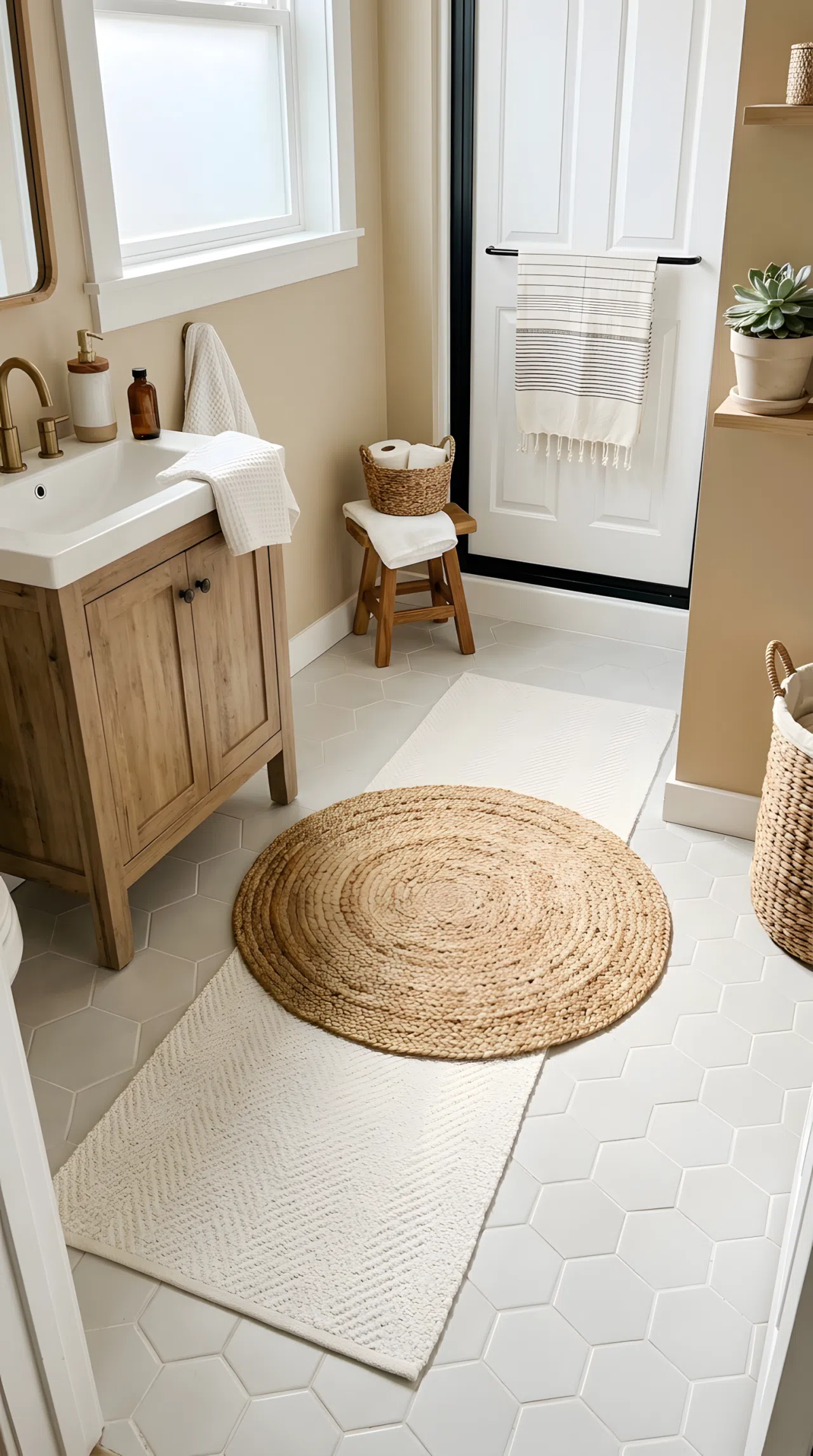 Real-life stock photo of a small guest bathroom floor with a long neutral bath mat layered under a round jute rug, clean tile floor visible around the edges, neatly arranged, organized and tidy, bright natural light, vibrant warm beige tones, Pinterest-ready styling, photographed like a home decor magazine, no illustration, no 3D render.