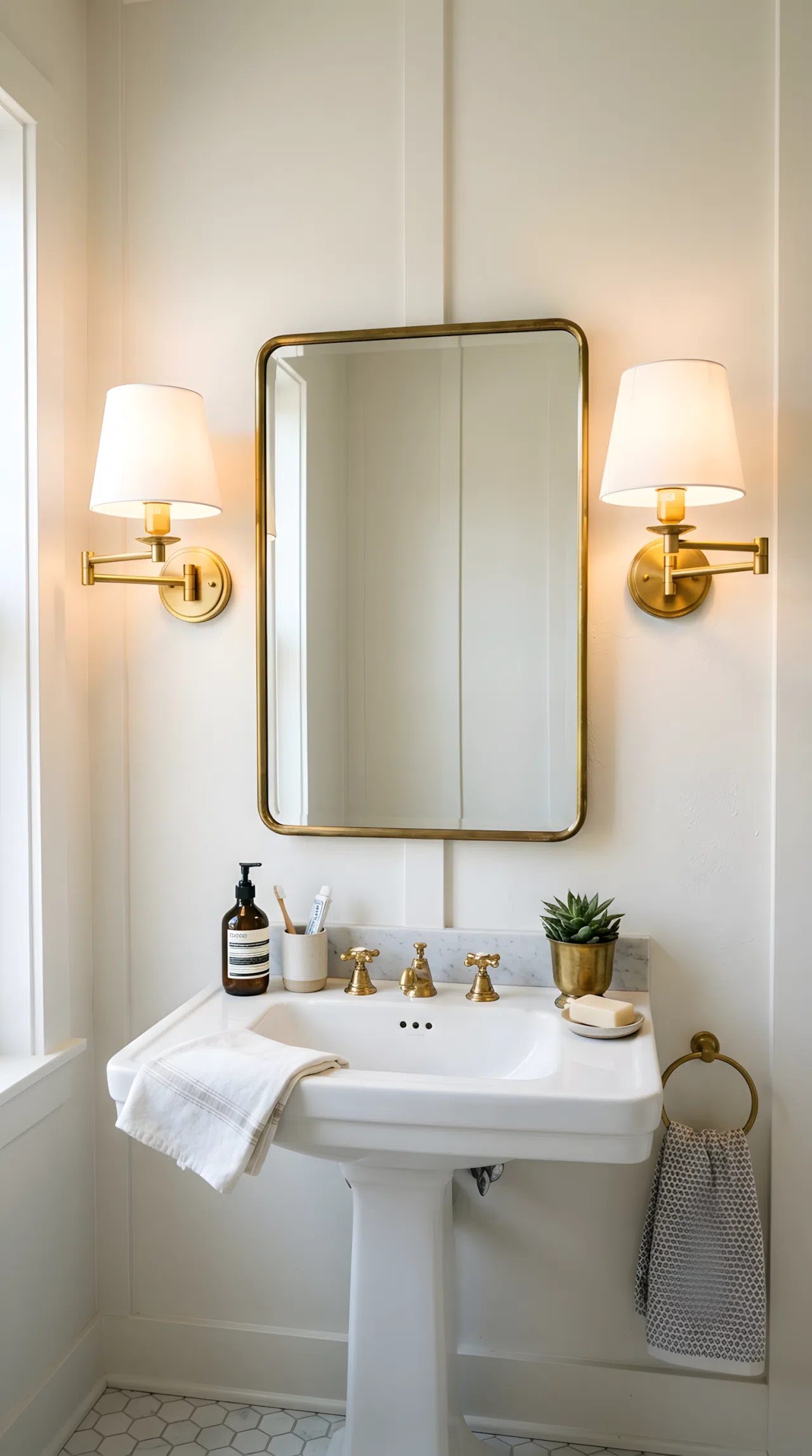 Real-life stock photo of a small guest bathroom mirror flanked symmetrically by two brass swing-arm sconces mounted at eye level on either side, warm even light glowing from both fixtures across the mirror and sink, no harsh overhead shadows, neatly organized countertop below, bright natural light blending with the warm sconce glow, vibrant brass tone, Pinterest-ready styling, photographed like an interior design magazine, no illustration, no 3D render.