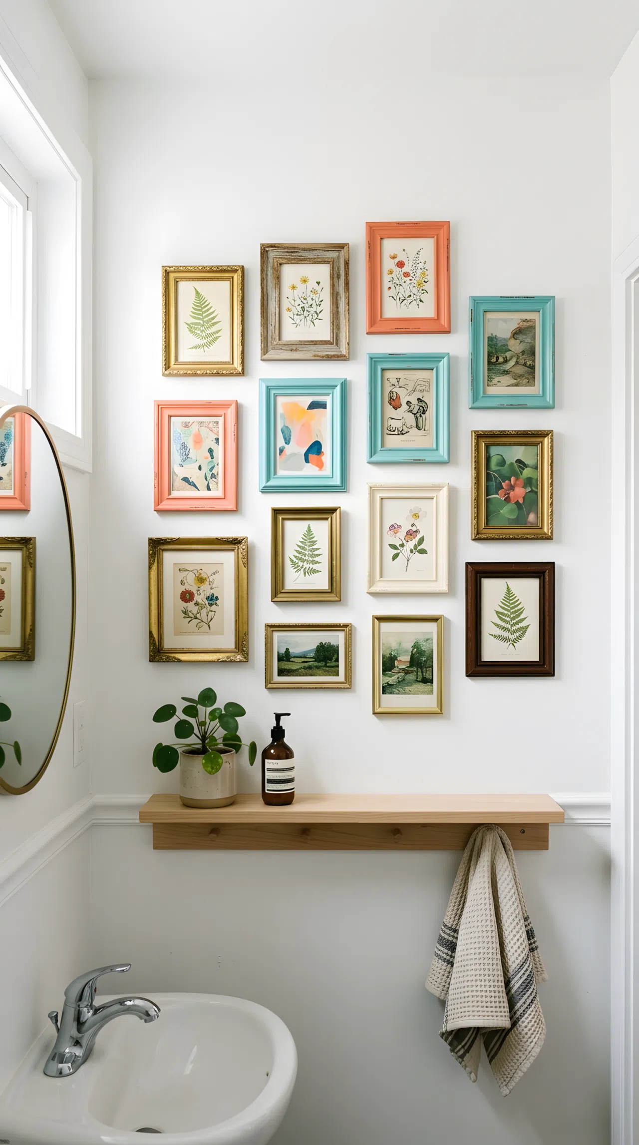 Real-life stock photo of a small guest bathroom wall with a loosely arranged gallery of small mismatched thrifted picture frames, clean white wall background, neatly hung and balanced, organized layout, bright natural light, vibrant frame color accents, Pinterest-ready styling, photographed like a home decor magazine, no illustration, no 3D render.