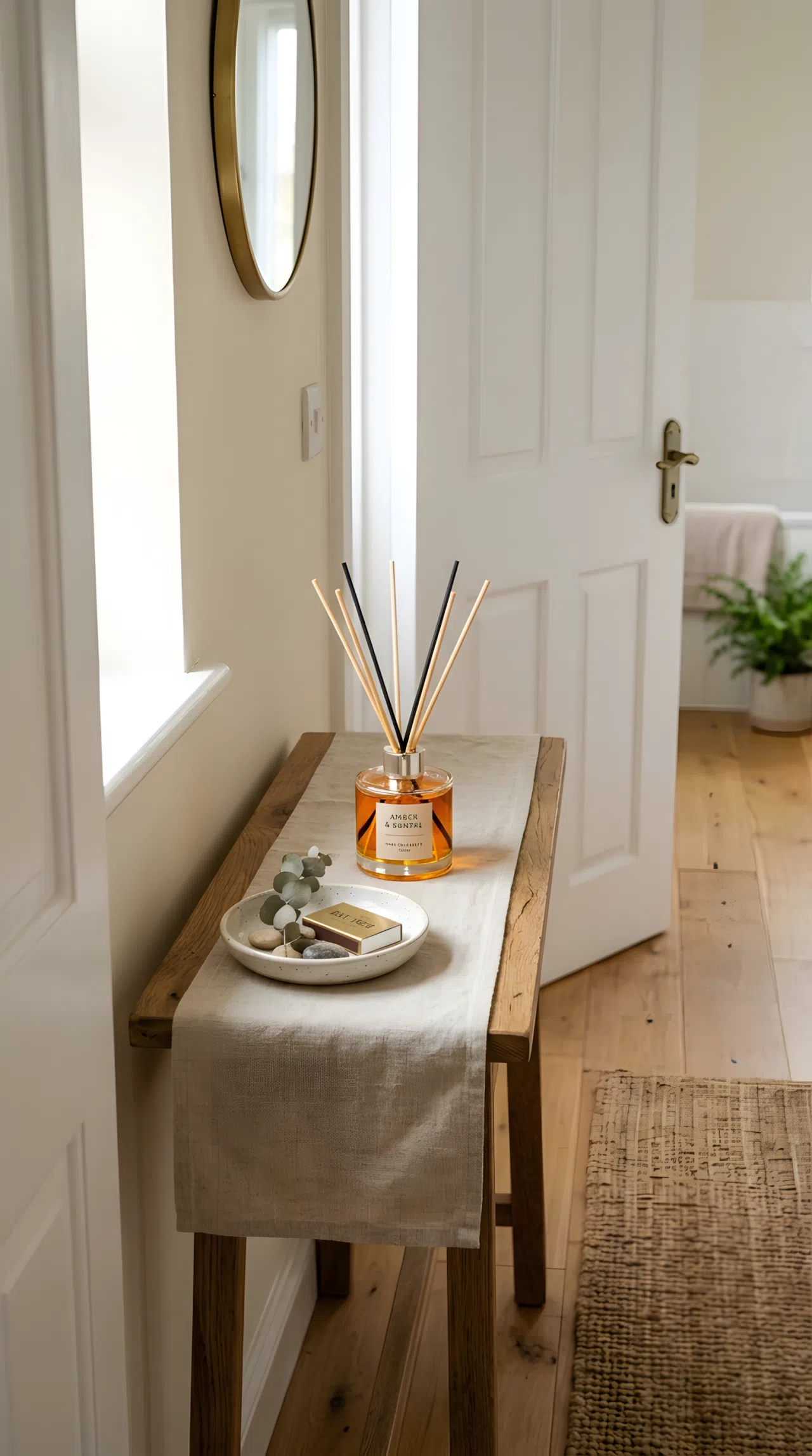Real-life stock photo of a small glass reed diffuser bottle on a narrow console table near a bathroom door, neatly arranged beside a small ceramic dish, organized and clean, bright natural light, vibrant amber tones in the diffuser bottle, Pinterest-ready styling, photographed like a lifestyle magazine, no illustration, no 3D render.