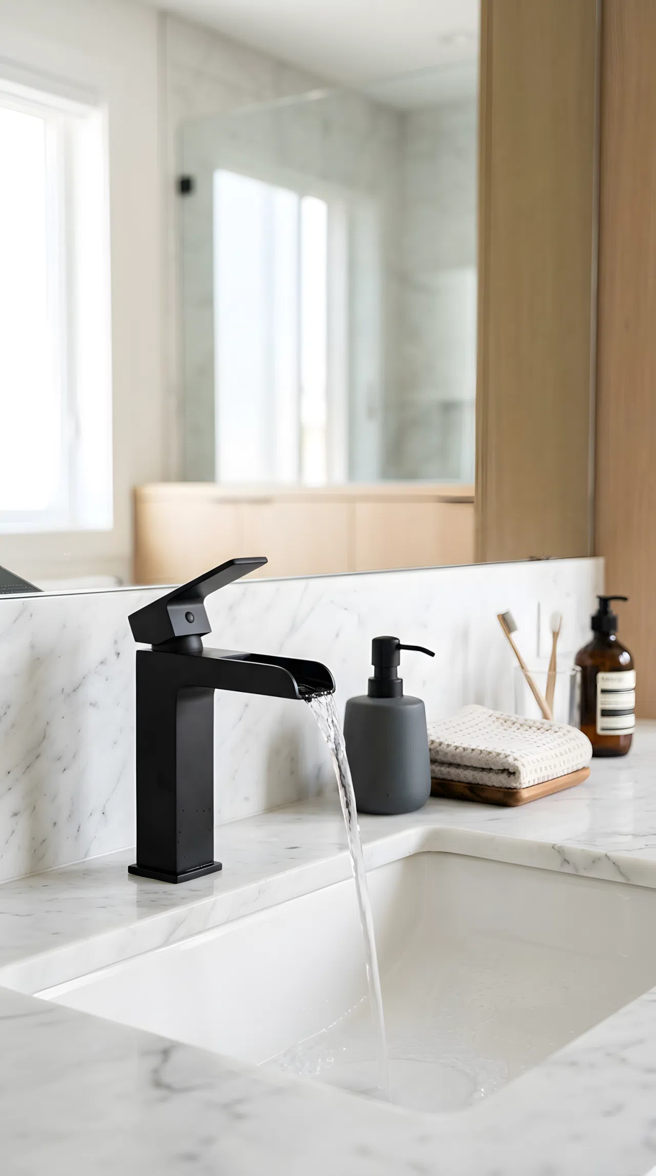 Real-life stock photo of a matte black waterfall faucet on a white marble bathroom countertop, close-up angle, water gently flowing, neatly organized surrounding countertop with a small soap dispenser, clean and clutter-free, bright natural light reflecting off the marble, vibrant contrast between black and white, Pinterest-ready styling, photographed like a home renovation magazine, no illustration, no 3D render.