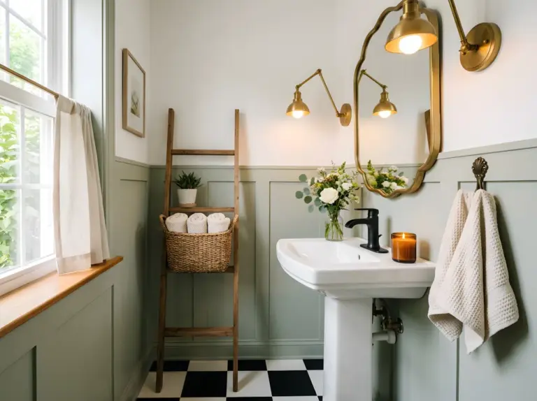 Real-life stock photo of a small, elegant guest bathroom shown in a wide eye-level angle, white pedestal sink with a matte black waterfall faucet, scalloped mirror above reflecting warm brass swing-arm sconces, neatly folded cream towels hanging on a hook, woven basket with rolled towels on a slim ladder shelf, small vase of fresh flowers and a lit candle on the counter, soft sage green lower wall with white upper wall, black-and-white checkerboard vinyl floor, beautifully arranged and clutter-free, organized and clean, bright natural light streaming in from a side window, vibrant warm tones throughout, Pinterest-ready styling, photographed like a high-end interior design magazine cover, no illustration, no 3D render.