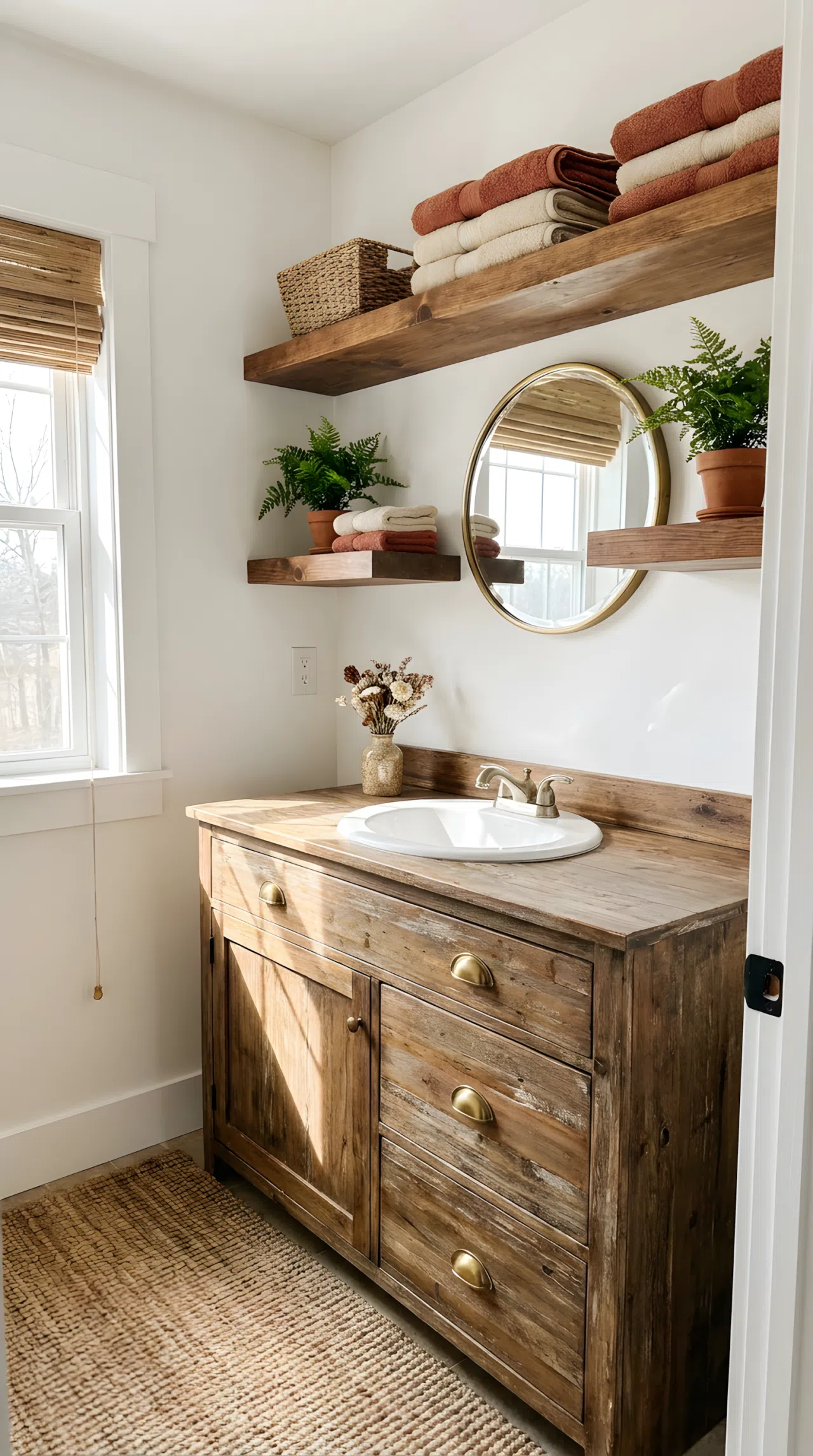 Real-life photo of a small hallway bathroom with a weathered wood vanity, white walls, open wood shelving above sink neatly arranged with folded towels and greenery, brass hardware, bright natural light streaming in, beautifully arranged, organized, clean, farmhouse style, vibrant warm tones, stock photography style.