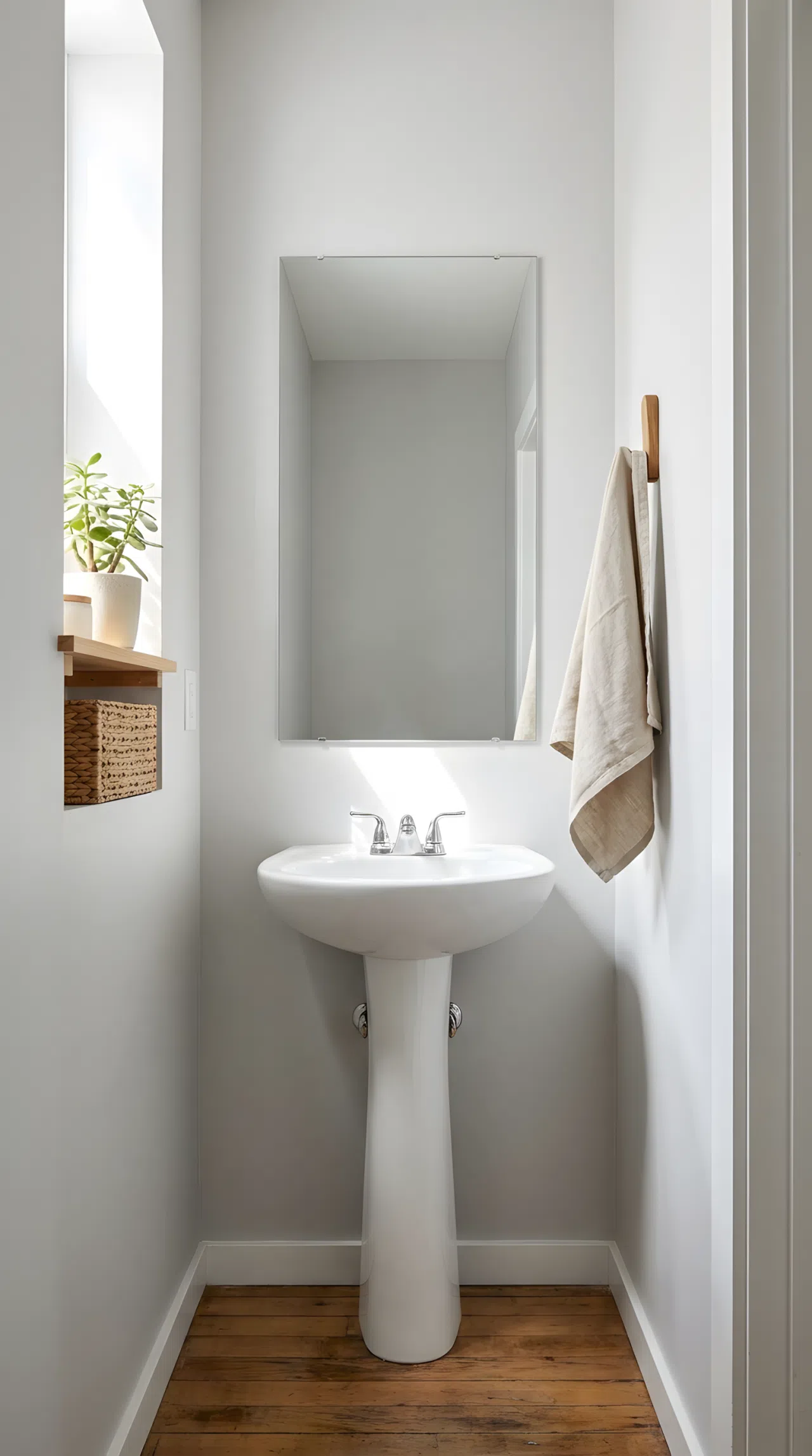 Real-life photo of a narrow hallway powder room with a white pedestal sink, slim wall mirror, single wall hook holding a neatly folded towel, light gray walls, bright natural light, beautifully arranged, organized, clean, minimalist style, stock photography.