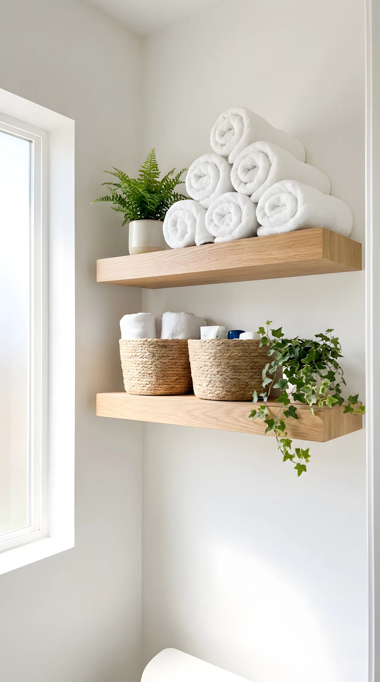 Real-life photo of two floating wood shelves in a small hallway bathroom, neatly arranged rolled white towels, woven baskets, small green plant, soft white wall, bright natural light, beautifully arranged, organized, clean, functional storage, vibrant green plant accent, stock photography.