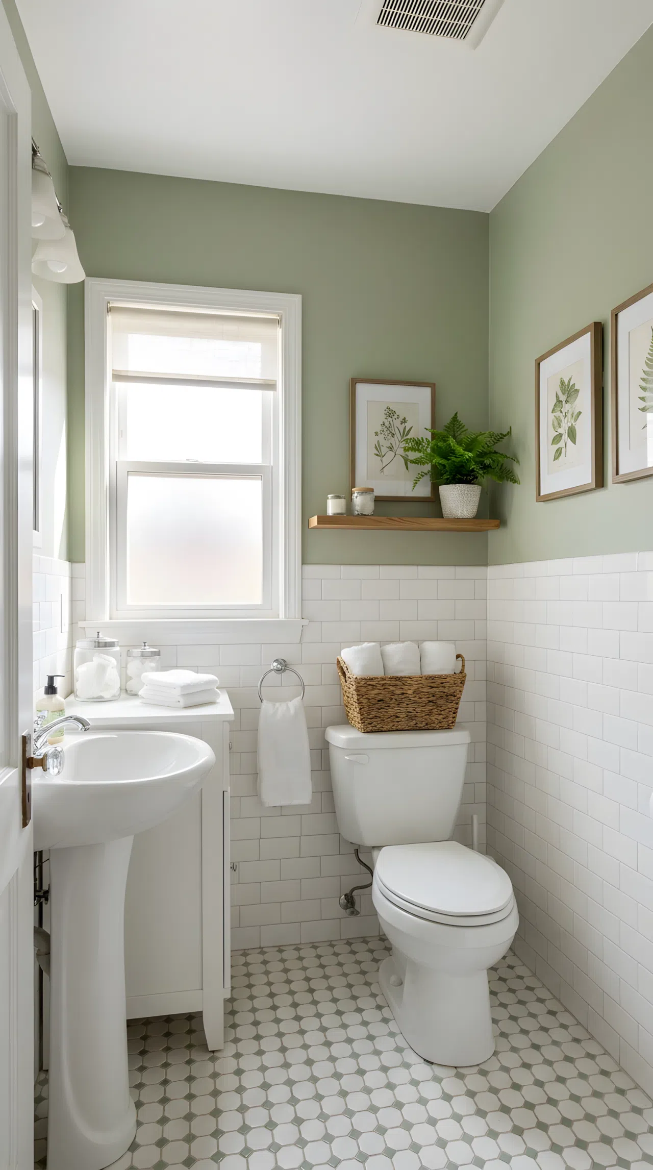 Real-life photo of a small hallway bathroom with sage green walls (RGB 158, 169, 137), classic white subway tile on lower half, white vanity, bright natural light, beautifully arranged, organized, clean, vibrant fresh color, stock photography style.