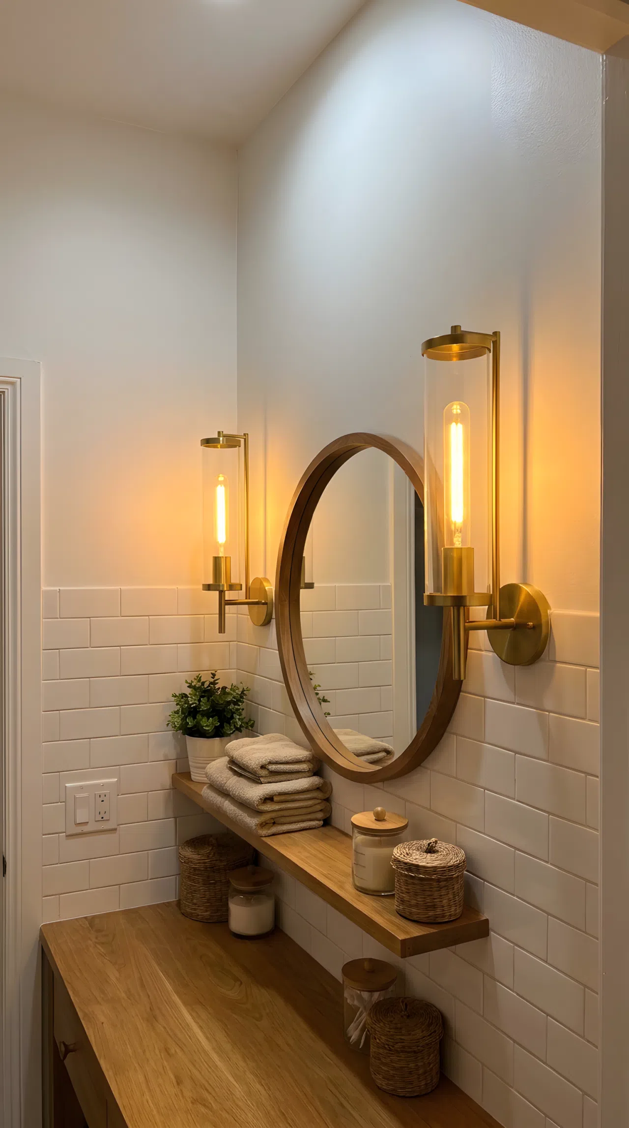 Real-life photo of a windowless hallway bathroom with two vertical wall sconces mounted on either side of a mirror, warm even light illuminating the vanity area, white walls, beautifully arranged, organized, clean, bright light effect visible on wall, vibrant warm glow, stock photography style.