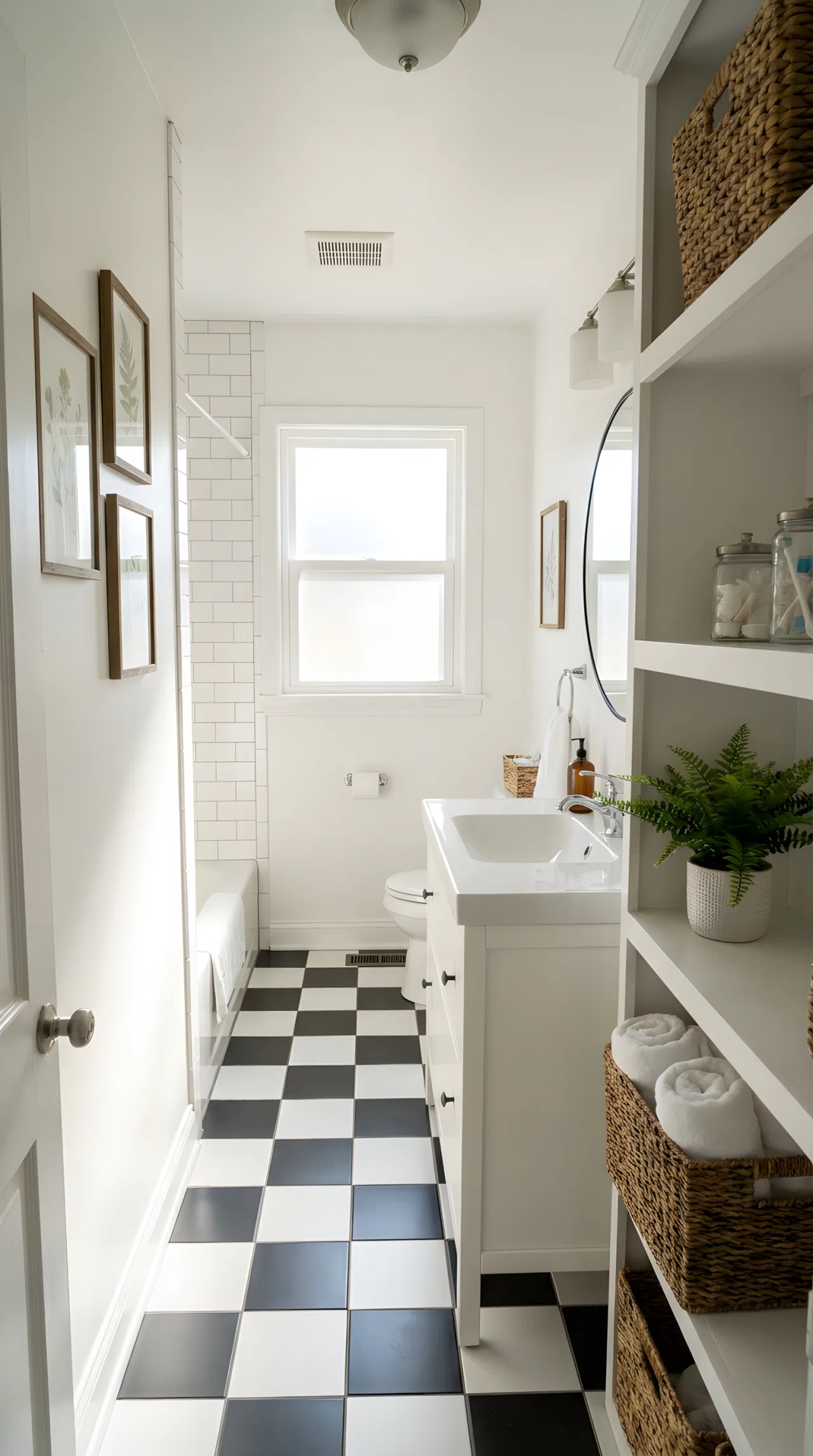 Real-life photo of a small hallway bathroom with black and white checkerboard tile floor, plain white walls, simple white vanity, bright natural light, beautifully arranged, organized, clean, vibrant contrast, stock photography style.