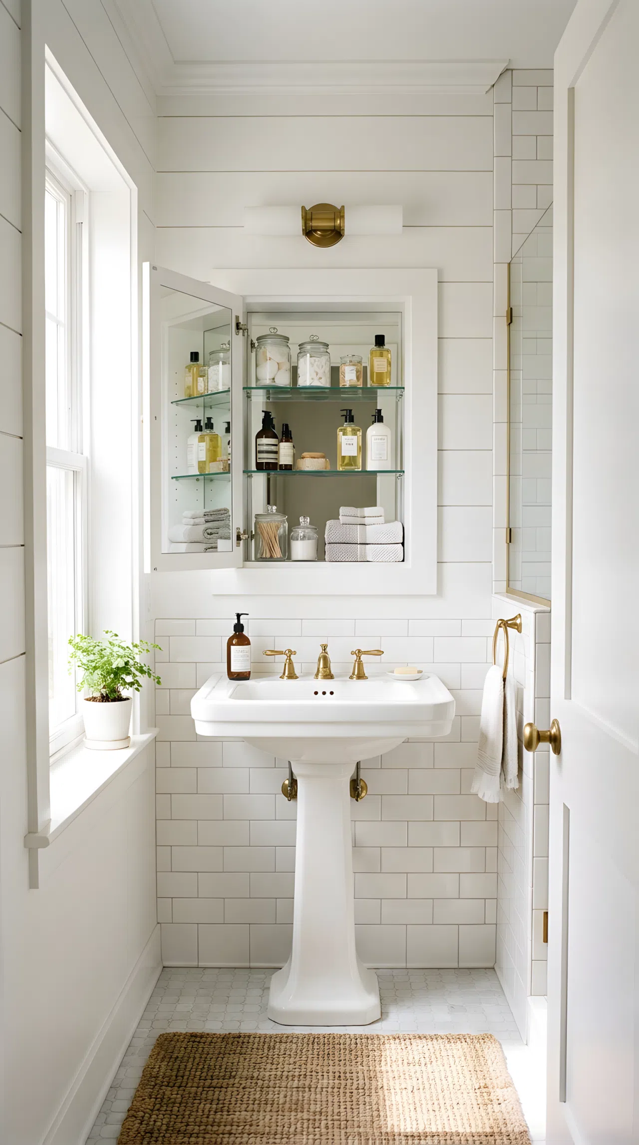 Real-life photo of a small hallway bathroom with a recessed mirrored medicine cabinet built into the wall above the sink, neatly arranged toiletries visible inside, white walls, bright natural light, beautifully arranged, organized, clean, stock photography style.