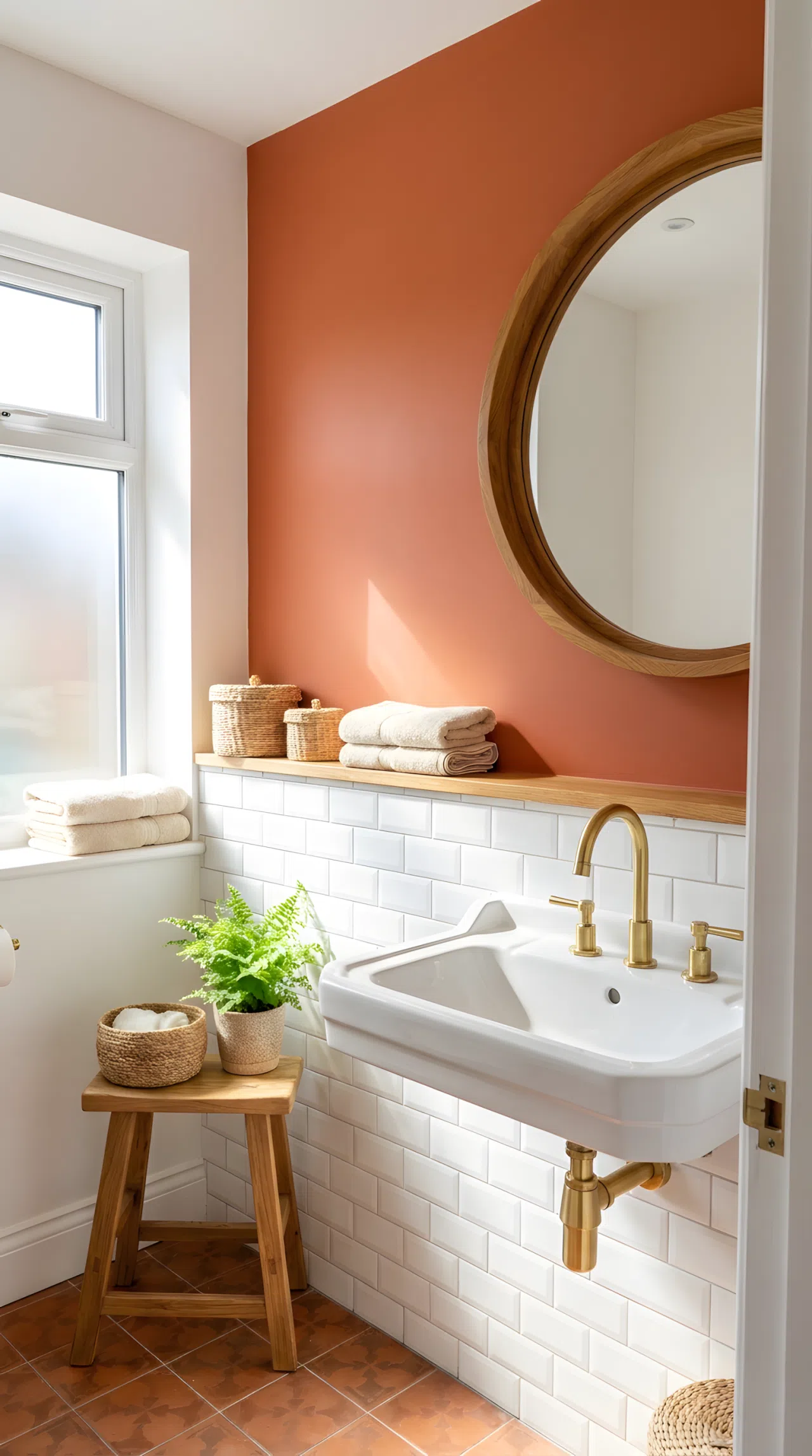 Real-life photo of a small hallway bathroom with terracotta accent wall (RGB 204, 108, 74), white lower wall, brass faucet, warm wood mirror frame, bright natural light, beautifully arranged, organized, clean, vibrant warm terracotta tone, stock photography style.