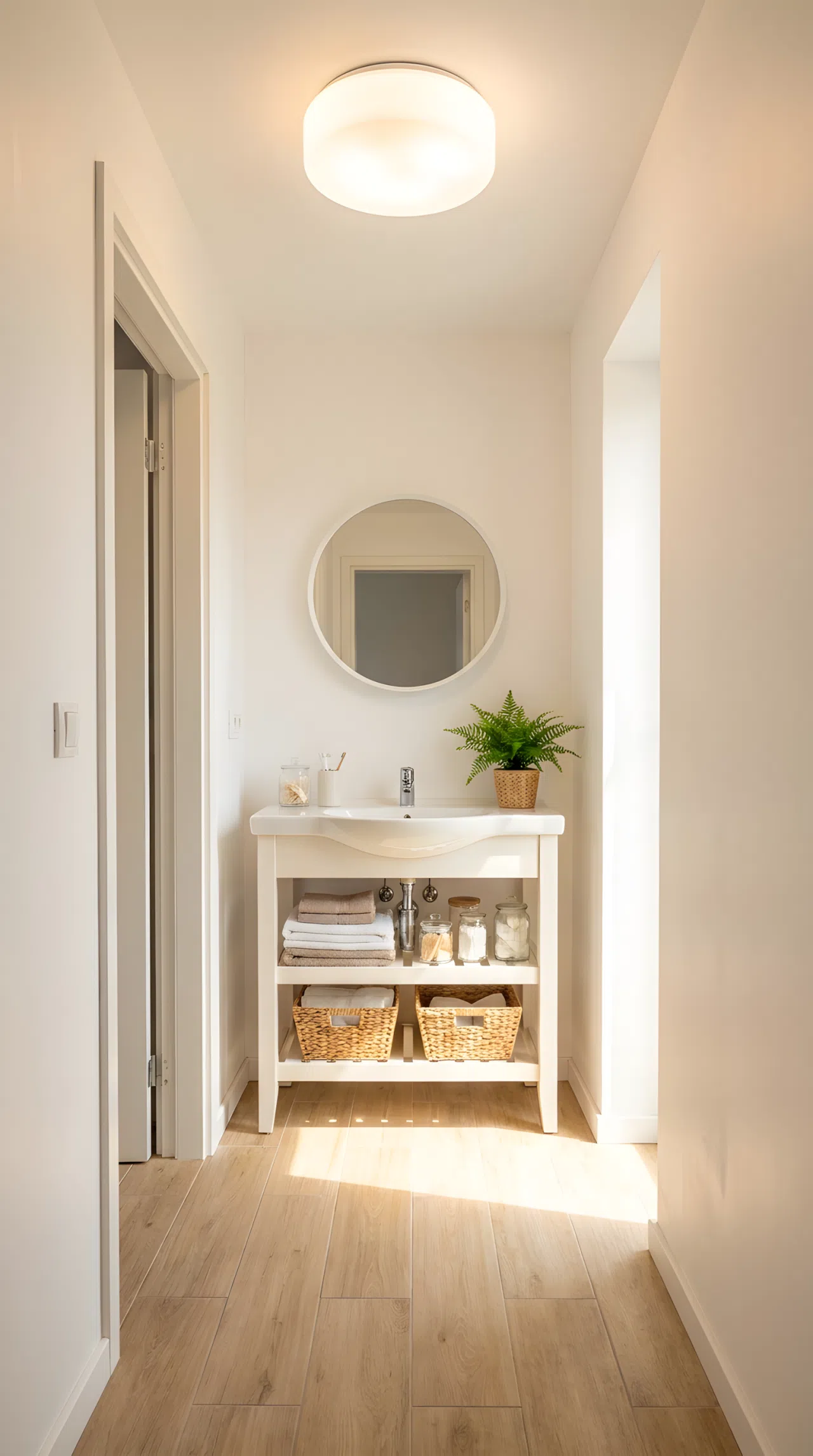 Real-life photo of a small windowless hallway bathroom with a round ceiling light tube casting a bright natural light beam onto the floor, white walls, simple vanity, beautifully arranged, organized, clean, vibrant bright sunlight effect, stock photography style.