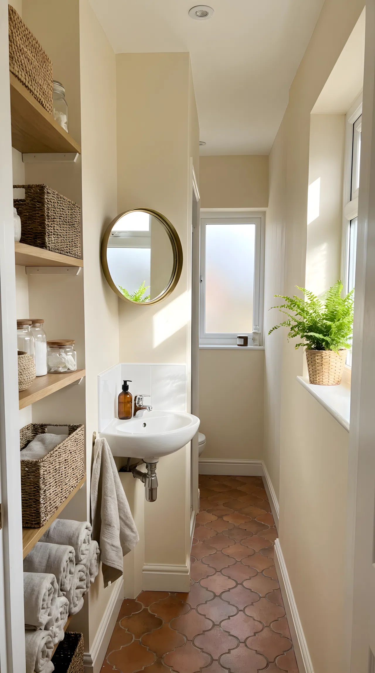 Real-life photo of a narrow hallway bathroom with a triangular corner sink, small round mirror above, light wall color, bright natural light, beautifully arranged, organized, clean, functional layout, stock photography style.