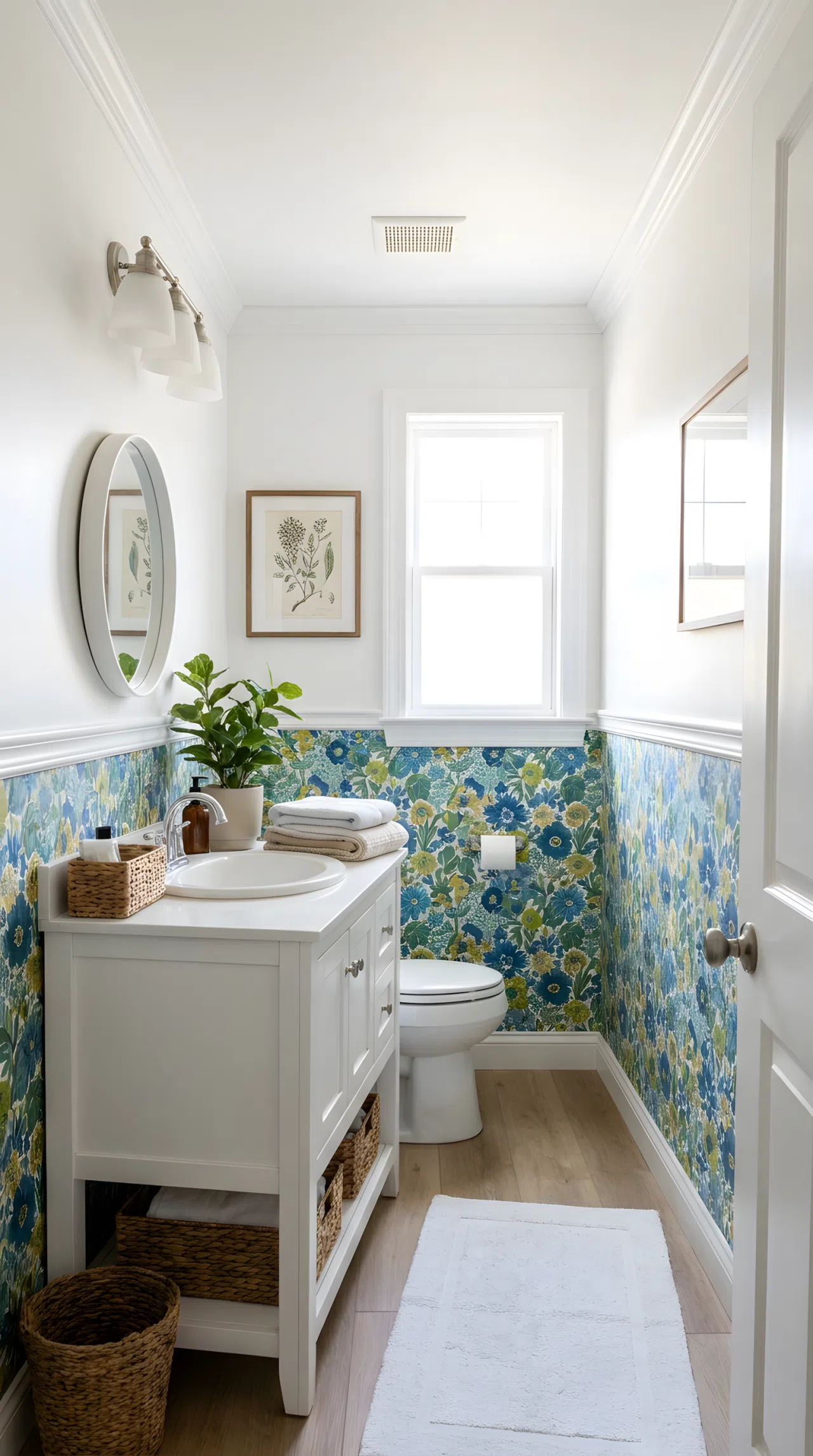 Real-life photo of a small hallway bathroom with patterned wallpaper on the lower half of the wall, white paint above chair rail trim, white vanity, bright natural light, beautifully arranged, organized, clean, vibrant pattern colors, stock photography style.