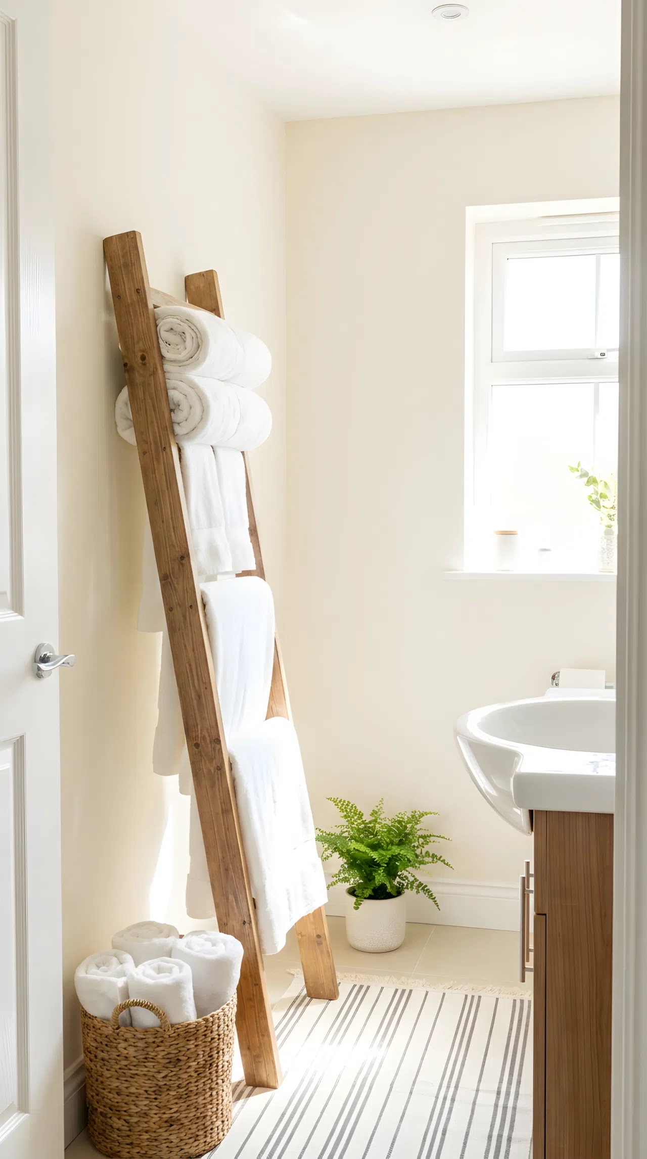 Real-life photo of a small hallway bathroom with a wooden ladder towel rack against the wall, neatly rolled and hanging white towels, light wall color, bright natural light, beautifully arranged, organized, clean, vibrant white linen tones, stock photography style.