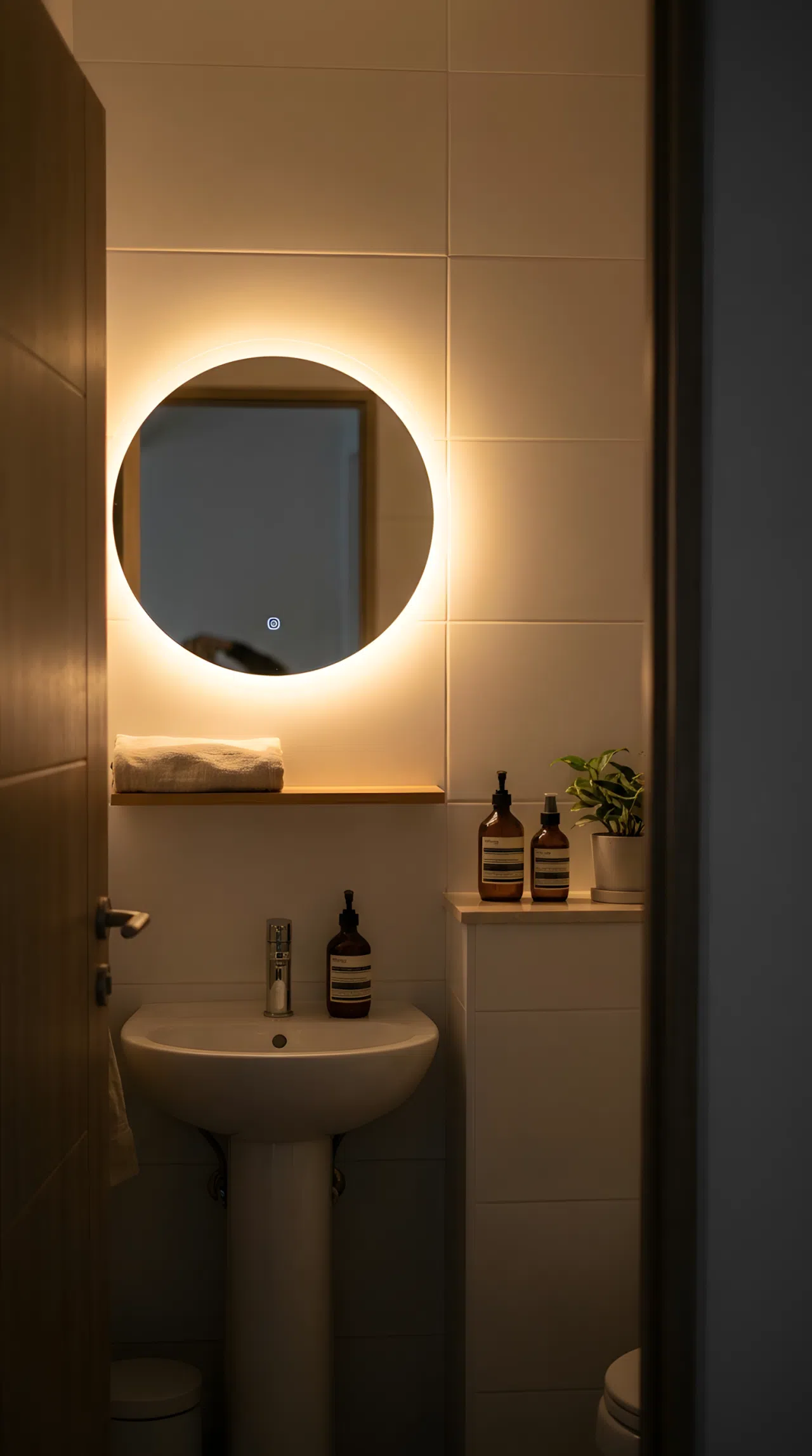 Real-life photo of a small hallway bathroom with a round backlit LED mirror glowing softly around its edge above the sink, white walls, dim ambient room contrast with bright mirror light, beautifully arranged, organized, clean, vibrant warm glow effect, stock photography style.