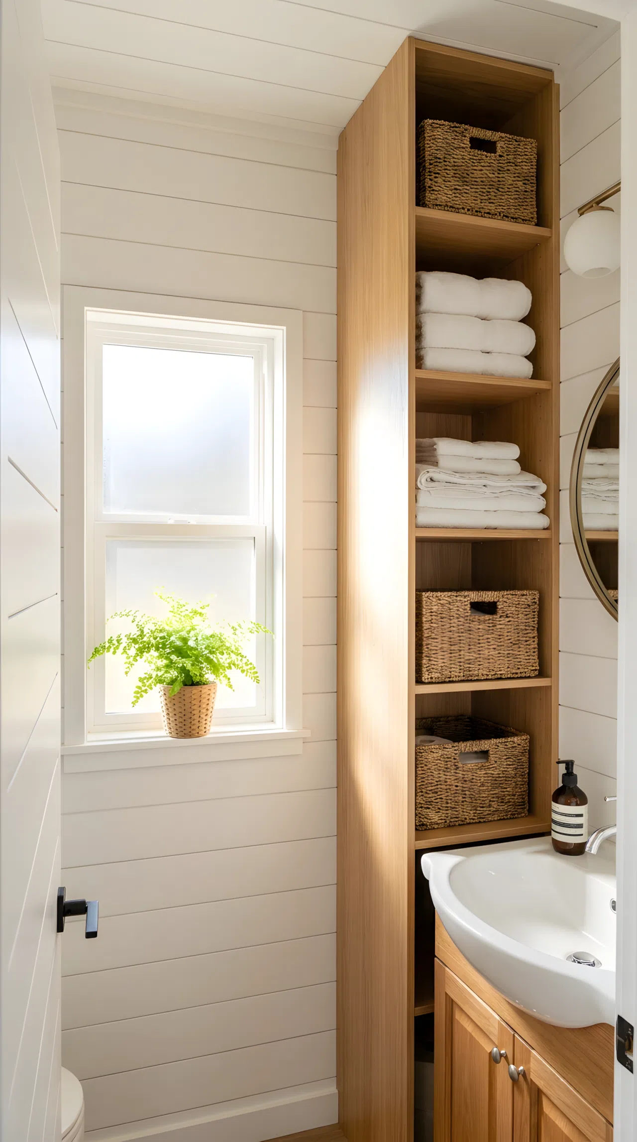 Real-life photo of a small hallway bathroom with a tall slim linen storage tower in the corner, neatly folded towels and baskets visible, white walls, bright natural light, beautifully arranged, organized, clean, vibrant fresh white and wood tones, stock photography style.
