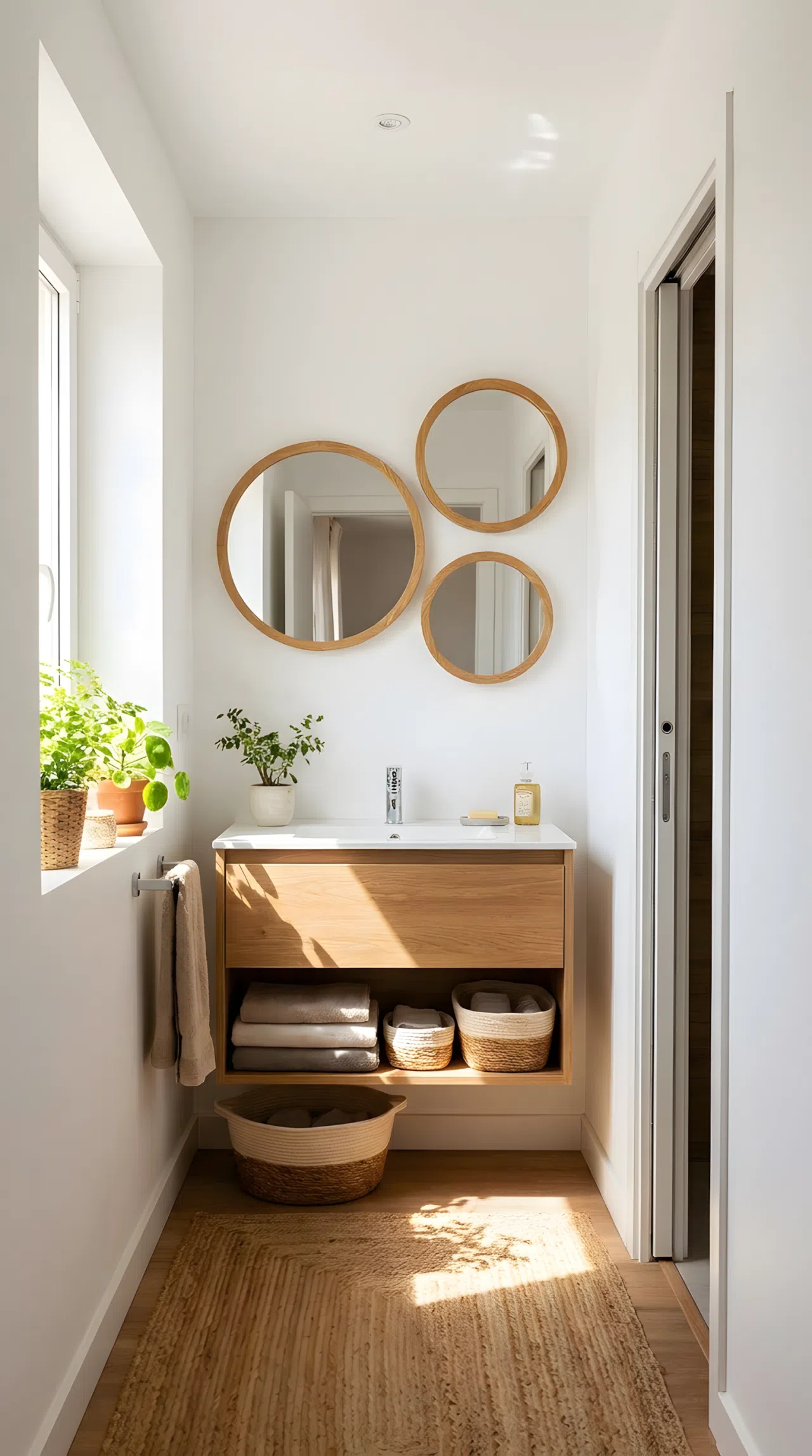 Real-life photo of a small hallway bathroom with a cluster of three round mirrors of varying sizes in thin wood frames above the sink, white walls, bright natural light, beautifully arranged, organized, clean, vibrant warm wood tones, stock photography style.
