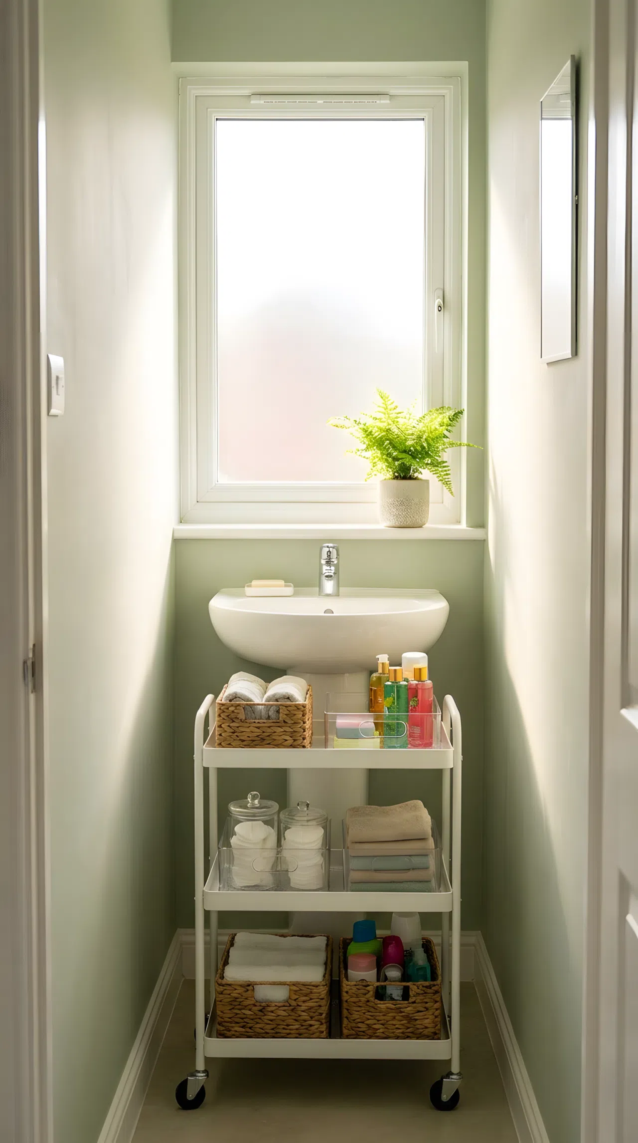 Real-life photo of a small hallway bathroom with a slim white rolling cart tucked under a pedestal sink, neatly arranged bins with toiletries, light wall color, bright natural light, beautifully arranged, organized, clean, vibrant fresh tones, stock photography style.