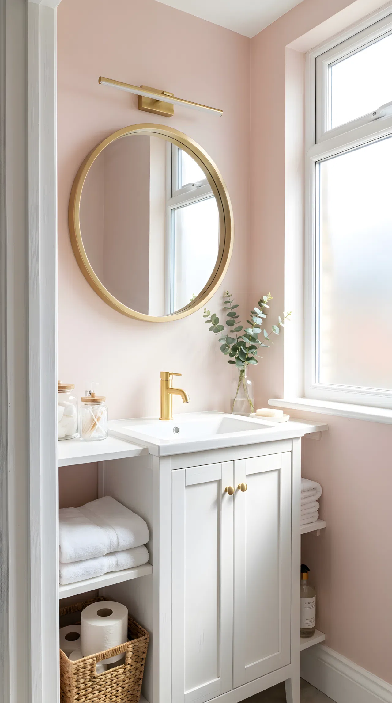 Real-life photo of a small hallway bathroom with blush pink walls (RGB 232, 199, 202), white vanity, gold faucet and mirror frame, bright natural light, beautifully arranged, organized, clean, vibrant soft pink tone, stock photography style.