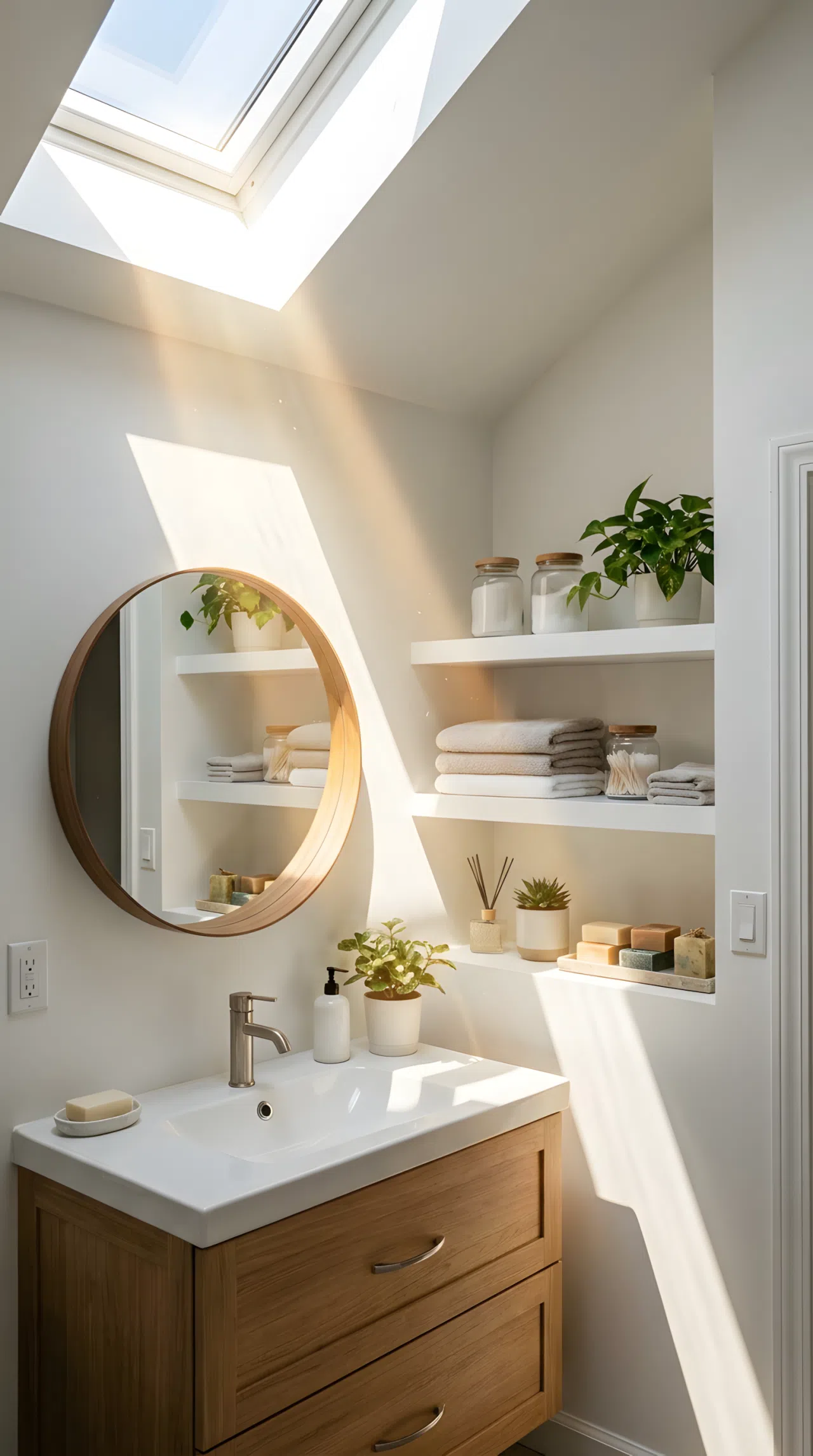 Real-life photo of a small hallway bathroom with a skylight above the vanity casting a bright natural light beam directly onto the mirror and counter, white walls, beautifully arranged, organized, clean, vibrant sunlit effect, stock photography style.
