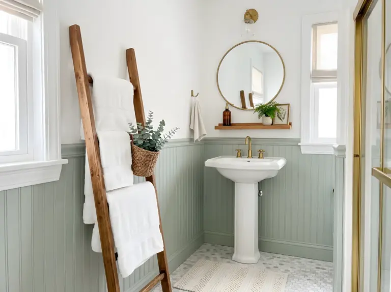 Real-life photo of a small hallway bathroom styled as a cohesive design showcase, white pedestal sink, warm wood vanity accents, round mirror above sink, neatly folded white towels on a ladder rack, small green plant on the counter, soft sage green lower wall paired with white upper wall, brass faucet and hardware, bright natural light streaming in from the side, beautifully arranged, organized, clean, Pinterest-ready styling, vibrant fresh color palette, high-resolution stock photography, no people, no text overlay.