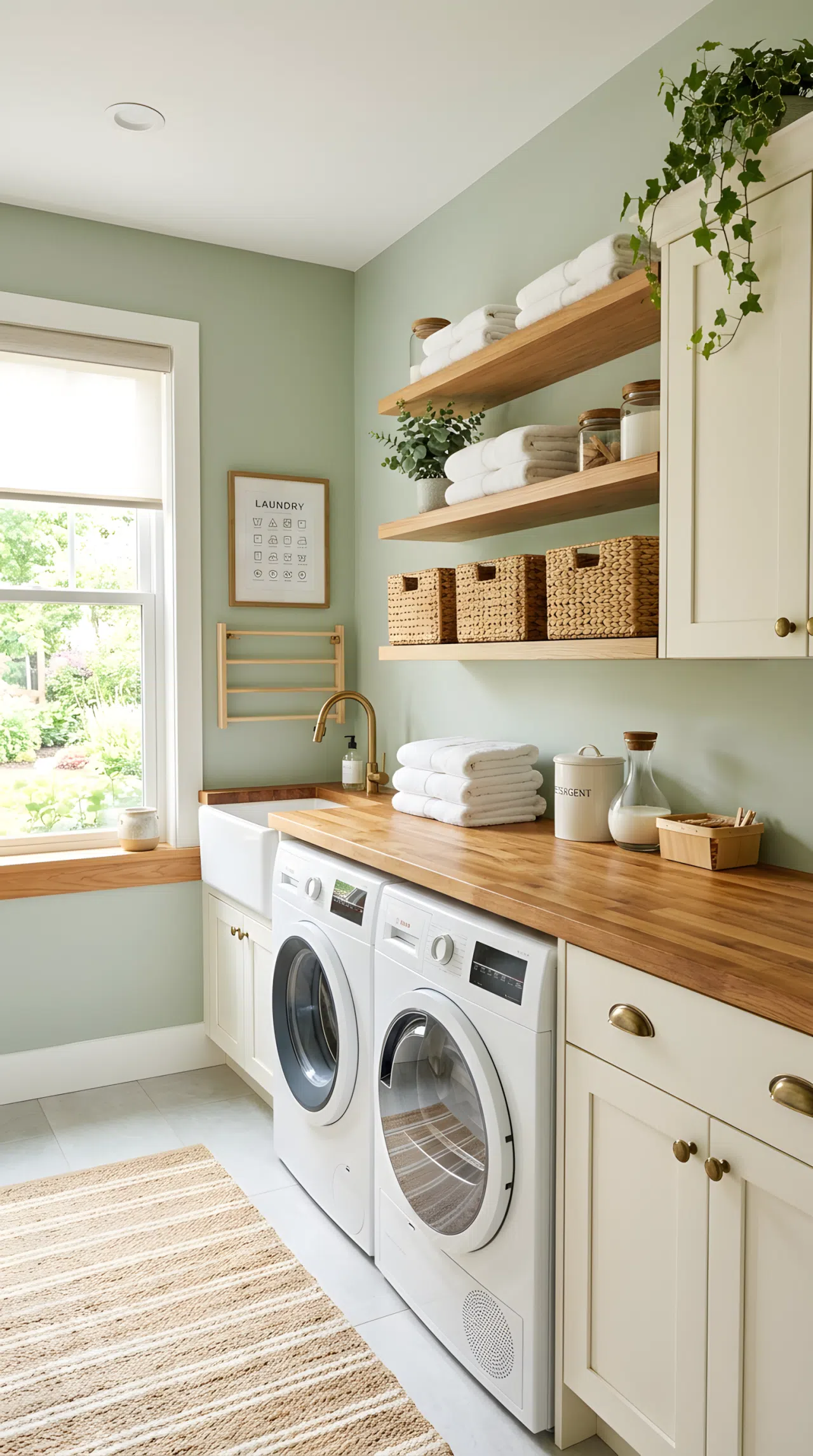 Real-life photograph of a small home laundry room with soft sage green painted walls, neatly made open wood shelving holding folded white towels and woven baskets, brass cabinet hardware, butcher block folding counter, bright natural light streaming in from a nearby window, clean and organized, vibrant yet soft color tones, stock photo style, no people