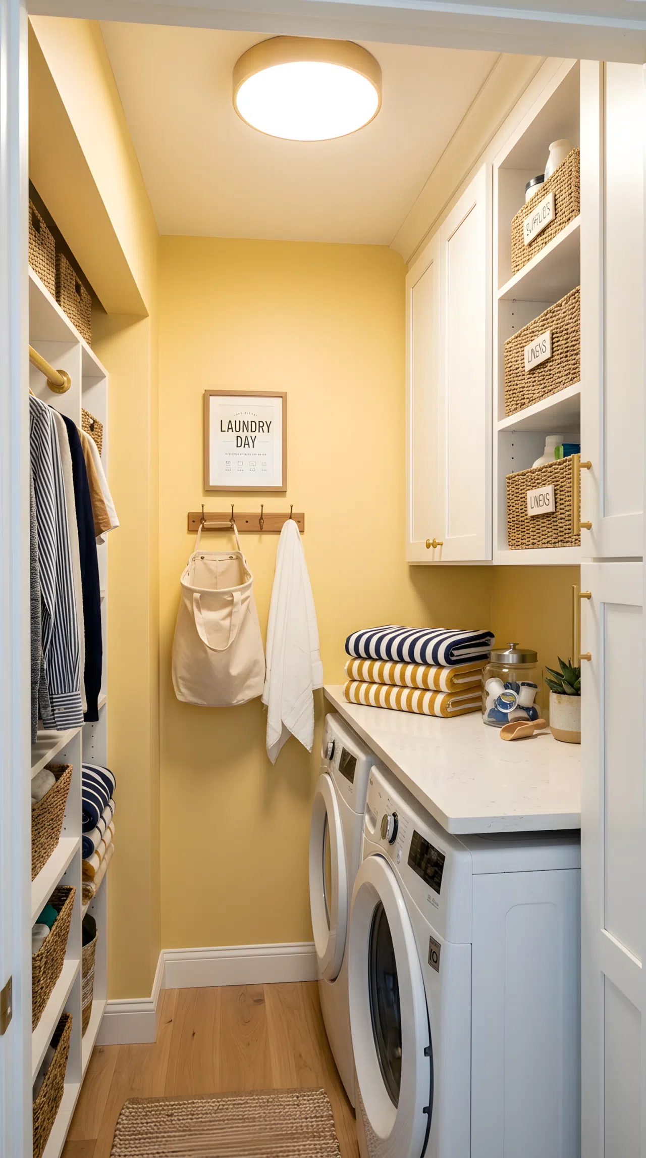 Real-life photograph of a compact windowless laundry closet painted buttery yellow, white cabinetry with gold pulls, neatly folded striped towels stacked beautifully, warm overhead light fixture positioned directly above the folding counter to mimic bright natural daylight, clean and organized, vibrant cheerful colors, stock photo style, no people