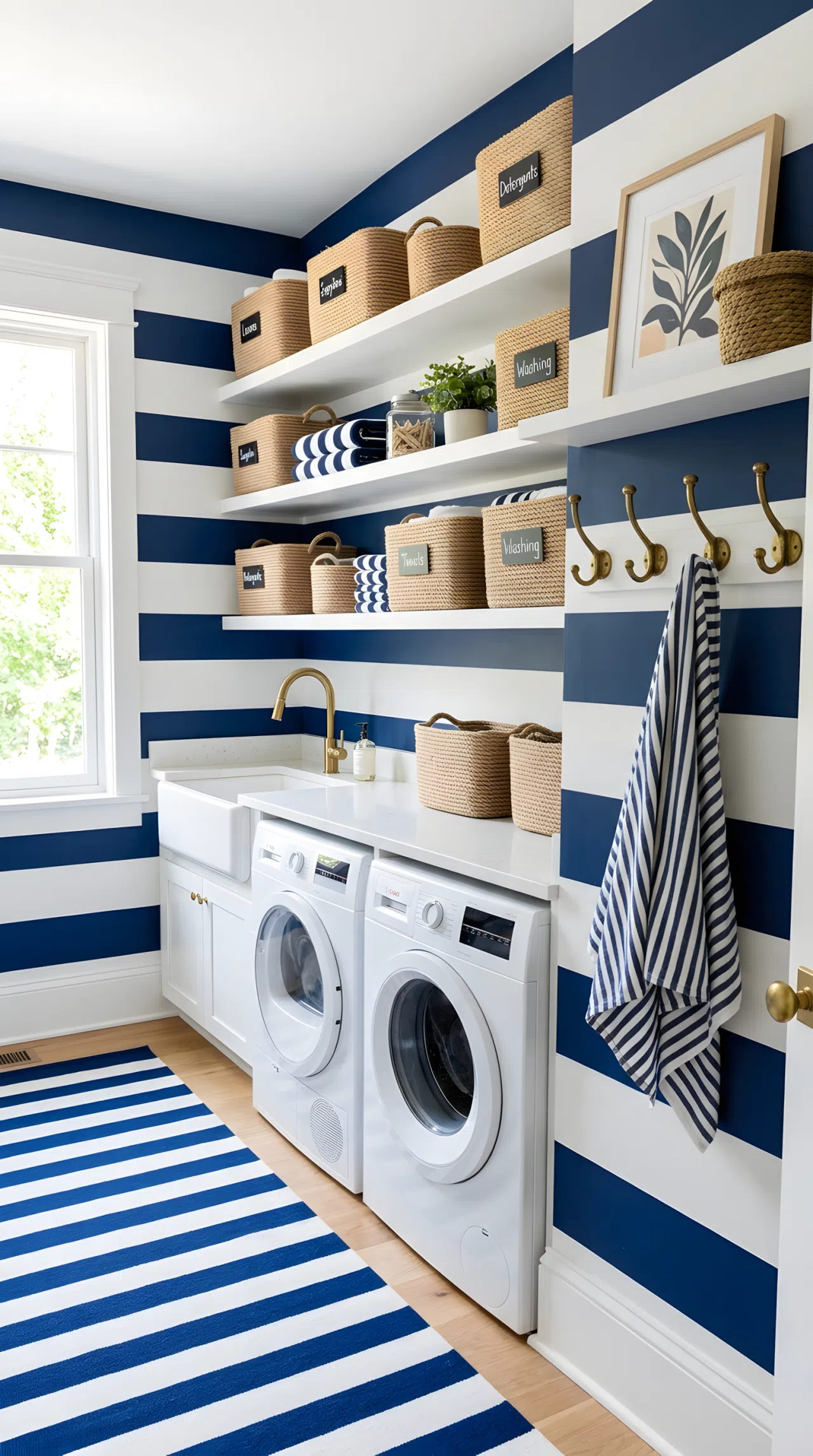 Real-life photograph of a laundry room with navy and white striped painted walls, rope-wrapped storage baskets neatly arranged on open shelving, striped cotton rug on the floor, brass hooks holding a folded towel, bright natural light pouring in through a nearby window, clean and beautifully organized, vibrant navy tones, stock photo style, no people