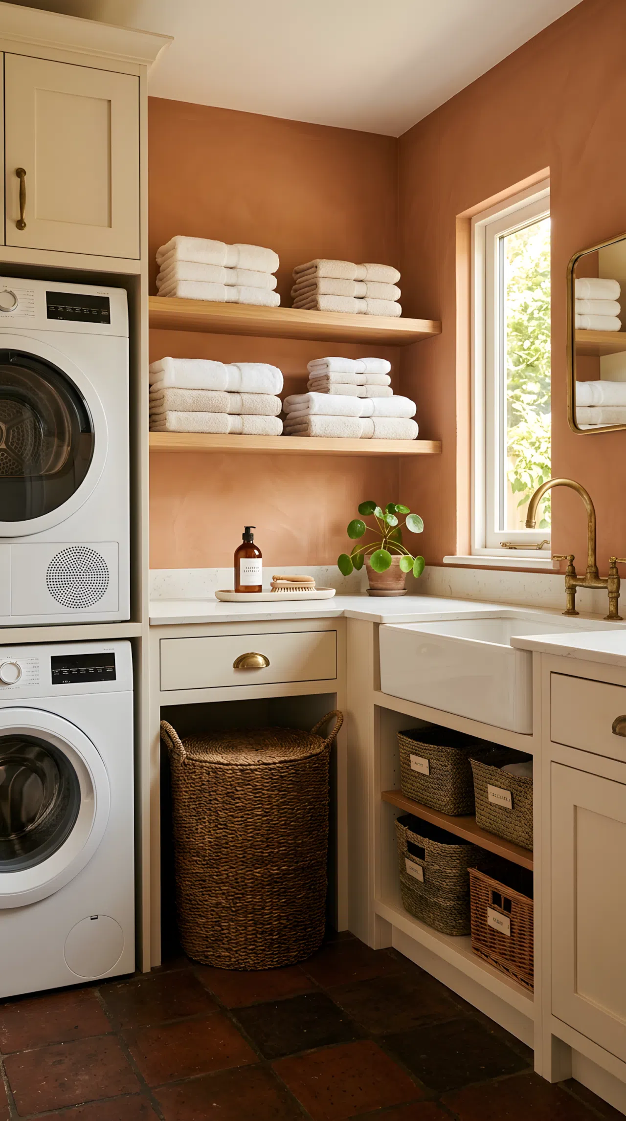 Real-life photograph of a laundry room with warm terracotta painted walls, cream cabinetry, woven baskets and textured linen hamper neatly arranged, unlacquered brass fixtures, folded towels beautifully stacked on open shelving, bright natural light coming from a side window, clean organized space, vibrant earthy tones, stock photo style, no people