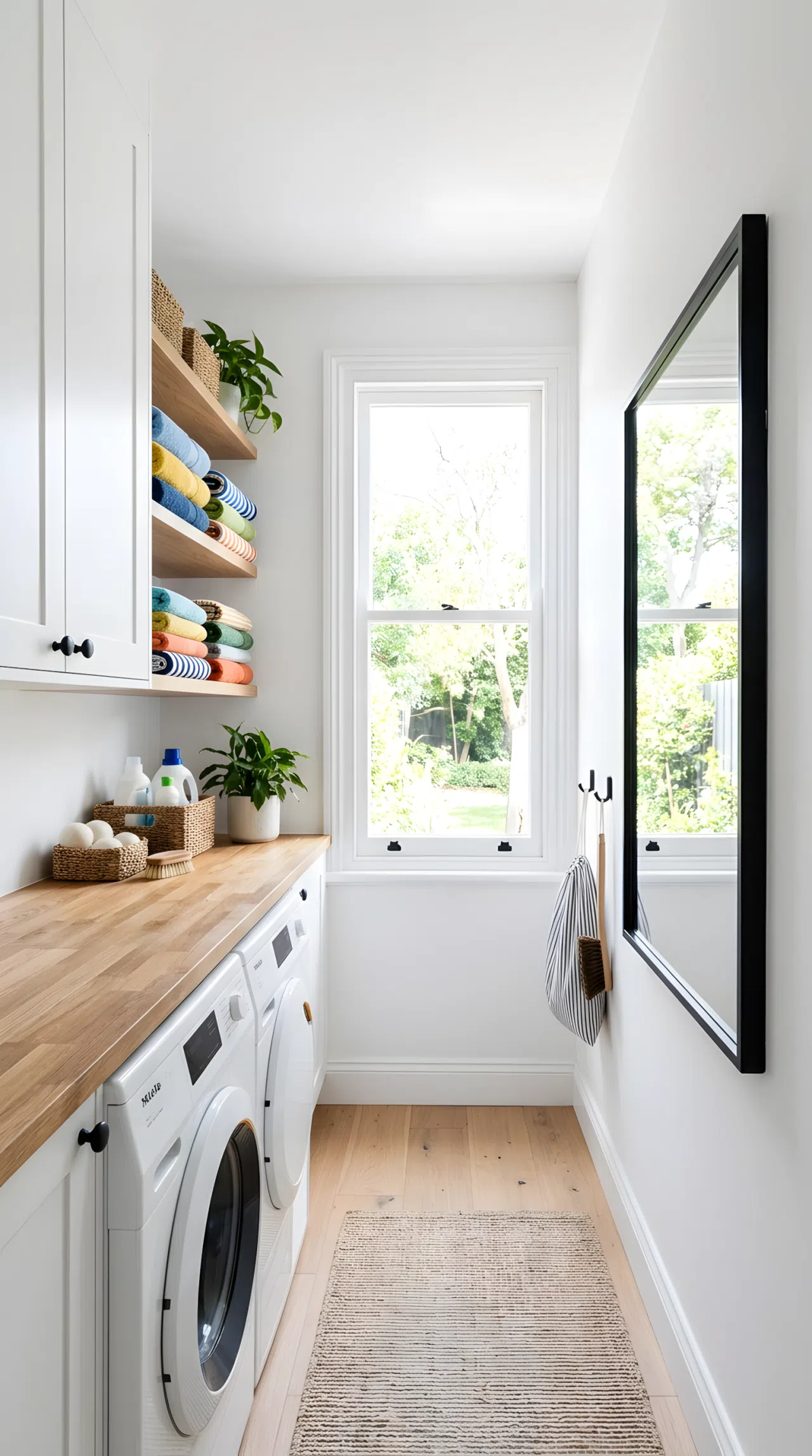 Real-life photograph of a narrow white laundry hallway with matte black cabinet hardware, a black-framed mirror positioned directly across from a window to reflect and bounce natural light deeper into the room, neatly folded colorful towels arranged on open shelves, clean and organized, bright airy natural light, vibrant color accents against white walls, stock photo style, no people