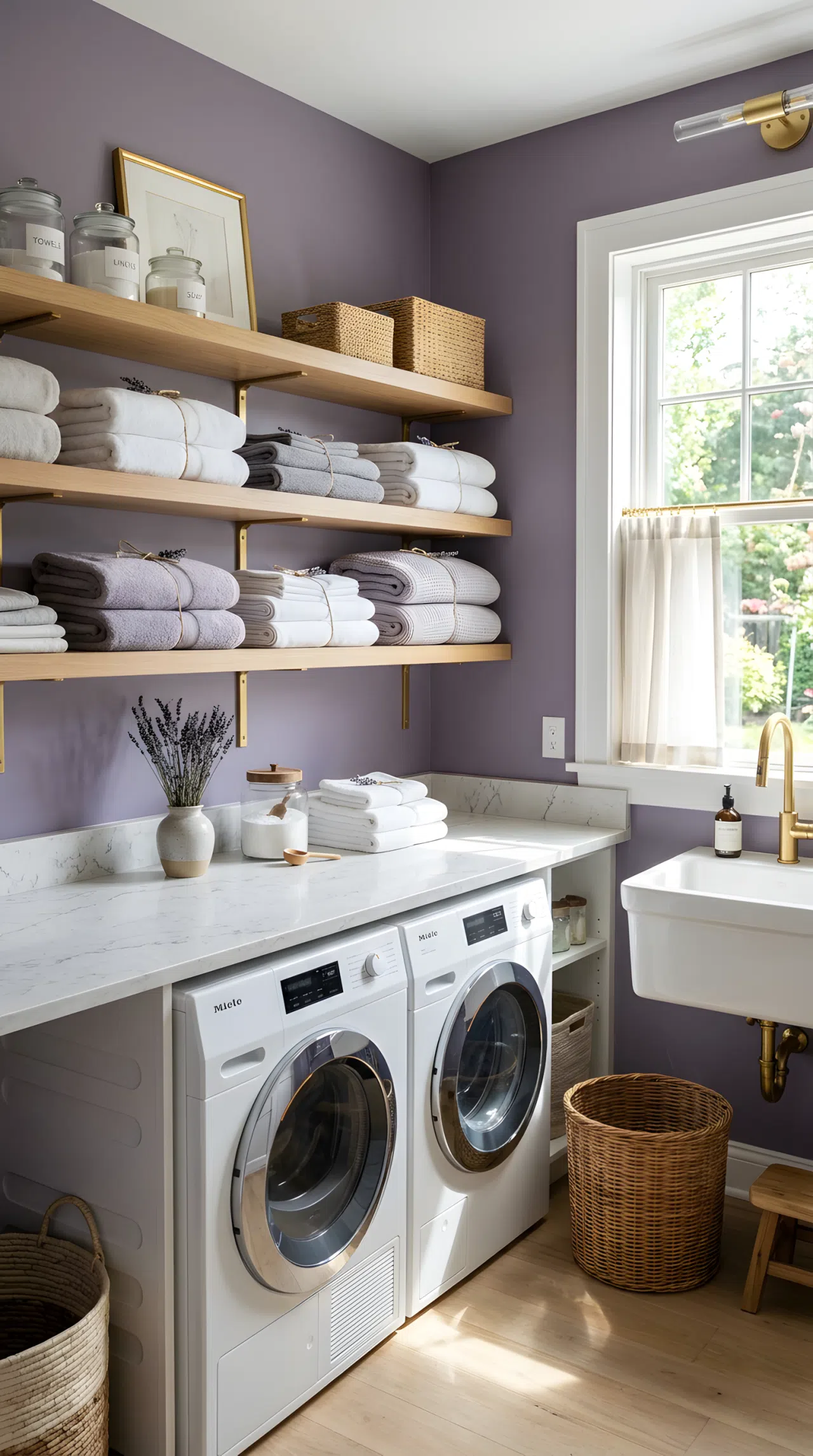Real-life photograph of a laundry room with dusty lavender painted walls, matte gold fixtures, marble-look folding counter neatly styled with a small vase of dried lavender, folded linens beautifully arranged on open shelving, bright natural light streaming through a window, clean and organized space, vibrant soft purple tones, stock photo style, no people