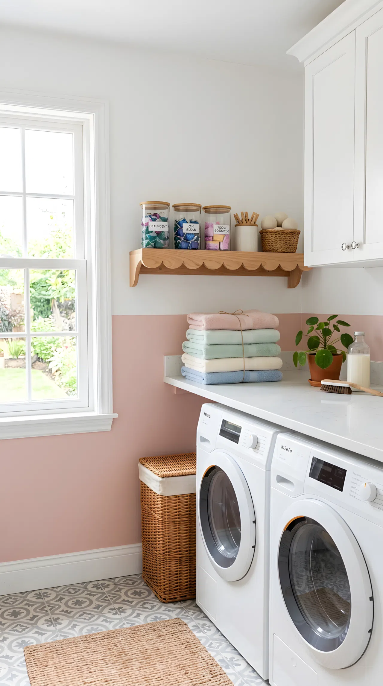 Real-life photograph of a laundry room with two-tone blush pink lower wall and white upper wall, scalloped wood shelf edge, glass jars filled with laundry pods neatly arranged, folded pastel towels beautifully styled, bright natural light coming through a window, clean organized space, vibrant blush tones, stock photo style, no people