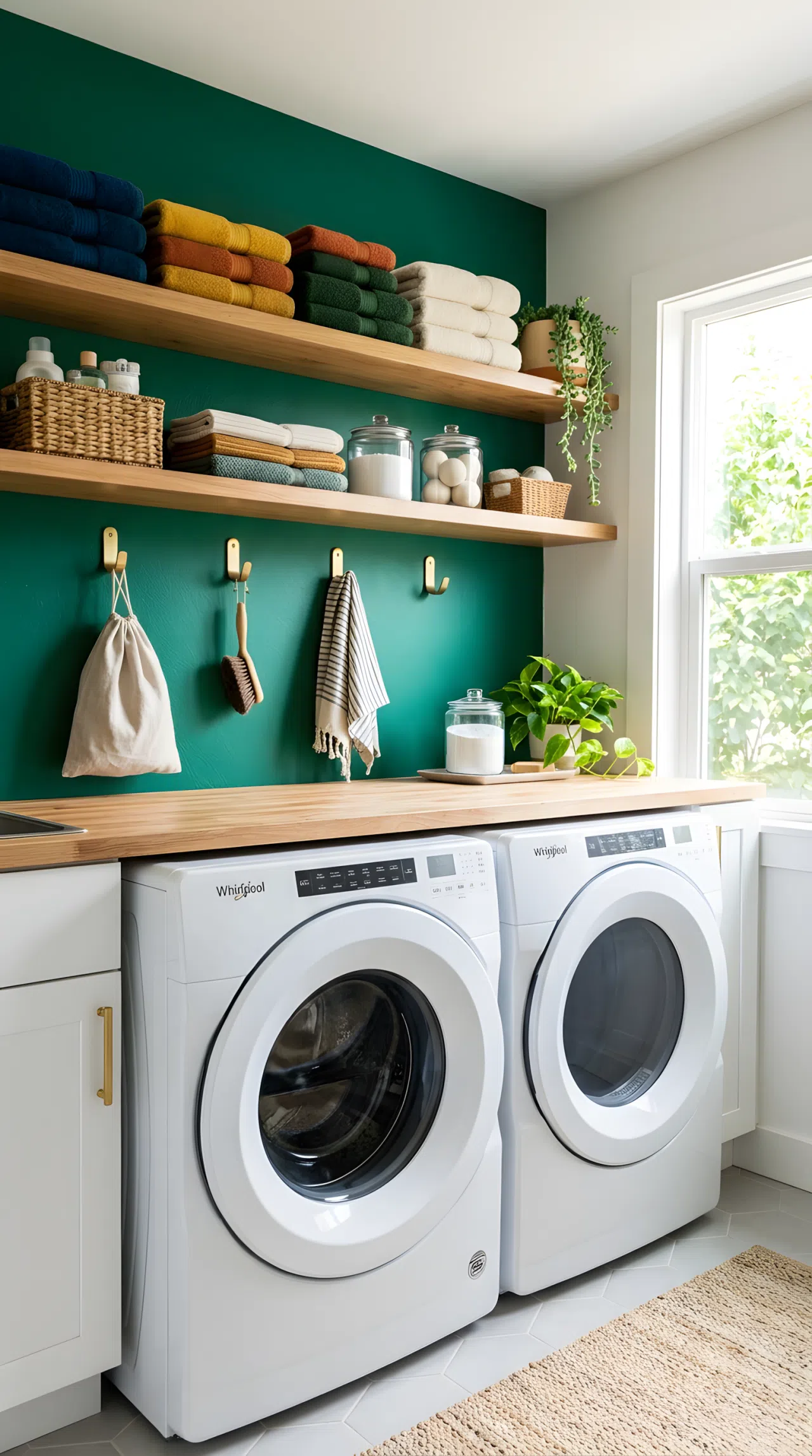Real-life photograph of a laundry room with a deep emerald green accent wall behind the washer and dryer, warm wood open shelving, brushed brass hooks, neatly folded towels beautifully arranged, bright natural light entering from a nearby window and highlighting the emerald wall, clean organized space, vibrant jewel tones, stock photo style, no people