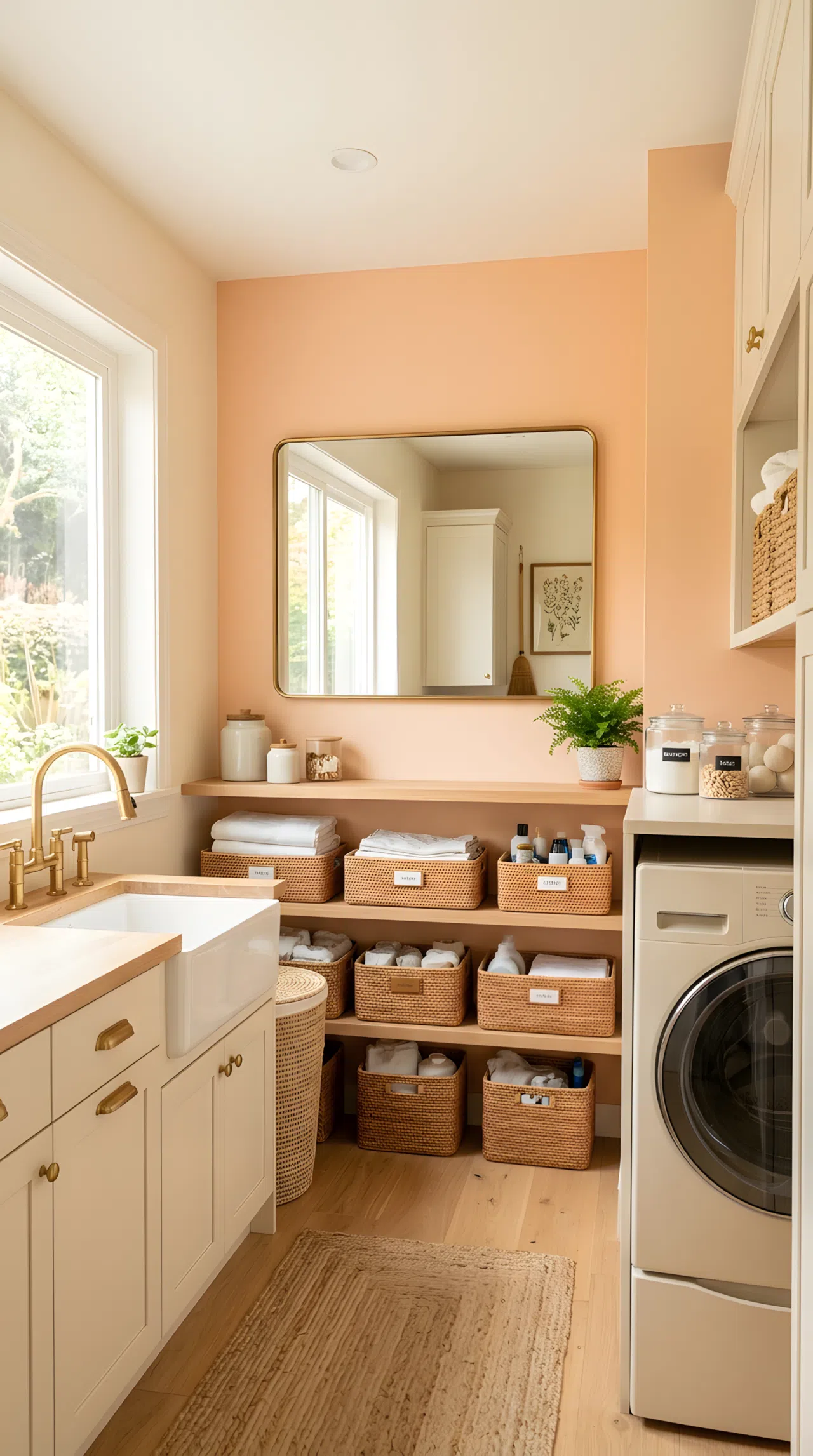 Real-life photograph of a laundry room with warm peach and cream painted walls, rattan storage baskets neatly arranged on open shelving, warm-toned brass hardware, a mirror positioned across from the window to catch and reflect bright natural morning light glowing softly on the peach wall, clean organized space, vibrant warm tones, stock photo style, no people