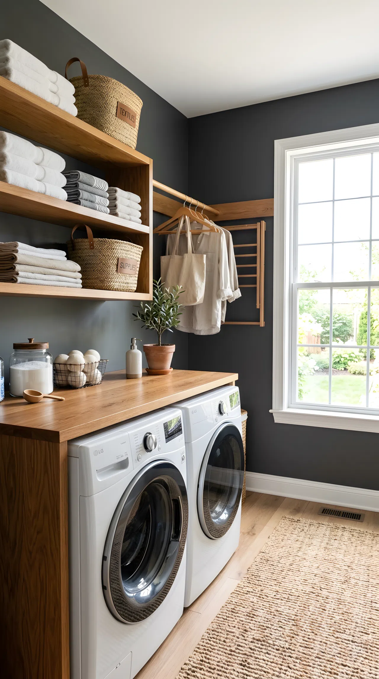 Real-life photograph of a laundry room with charcoal grey painted walls, warm wood open shelving neatly styled with folded towels and baskets, woven runner rug on the floor, bright natural light pouring in through a large nearby window to balance the dark walls, clean organized space, vibrant warm wood tones against charcoal, stock photo style, no people