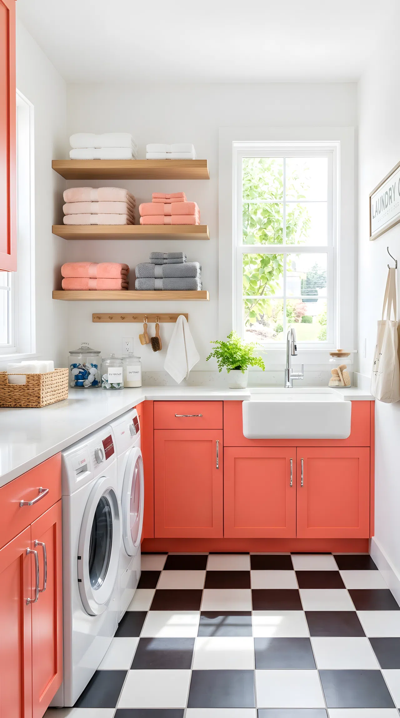 Real-life photograph of a laundry room with crisp white walls and coral colored lower cabinets, chrome cabinet hardware, checkerboard black and white floor tile, neatly folded towels beautifully arranged on open shelving above, bright natural light coming through a window, clean organized space, vibrant coral tones, stock photo style, no people