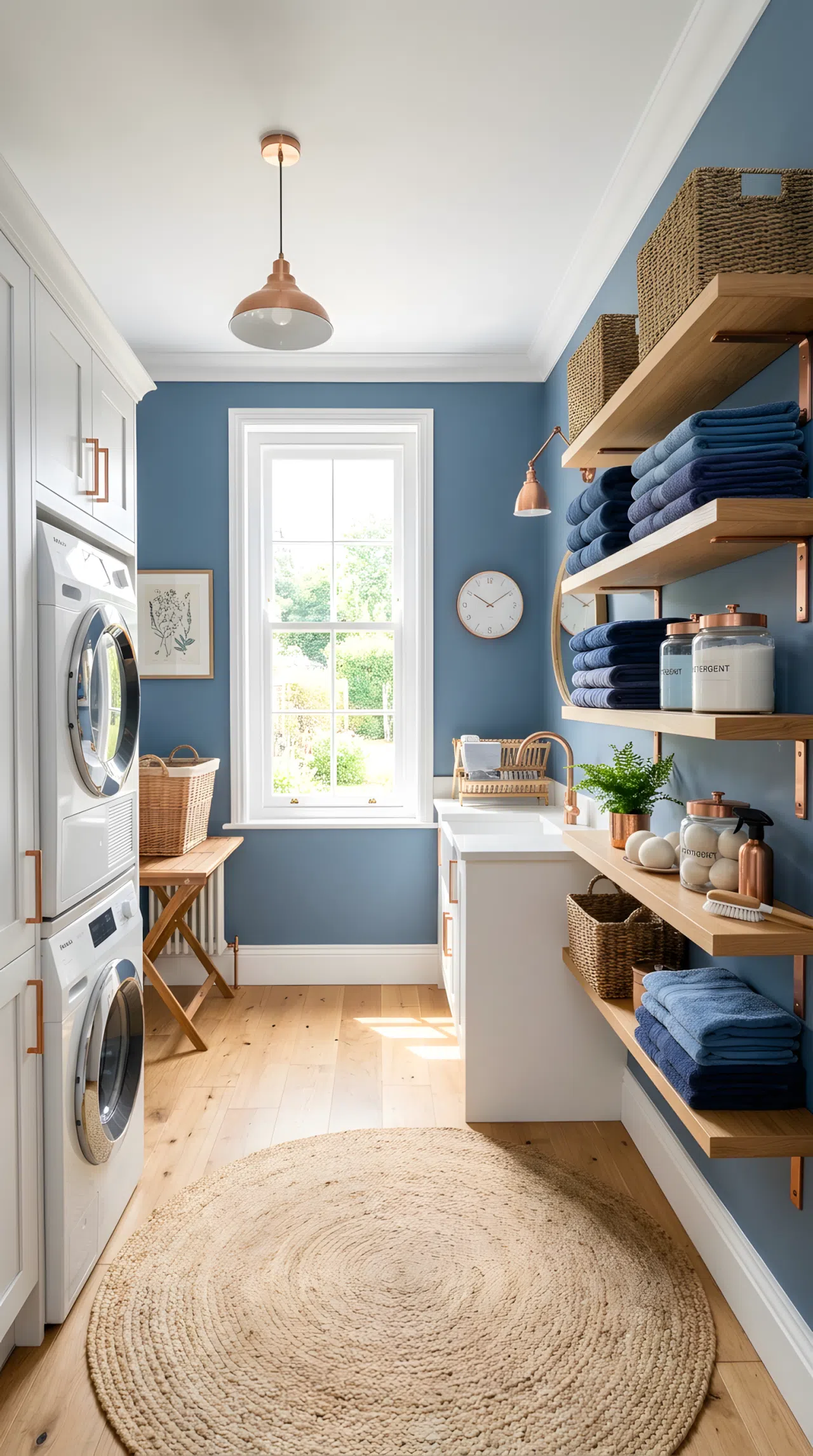 Real-life photograph of a laundry room with muted denim blue painted walls, white trim, copper accent hardware, woven jute rug on the floor, folded denim colored towels neatly stacked on open shelving, bright natural light streaming through a window, clean organized space, vibrant denim blue tones, stock photo style, no people