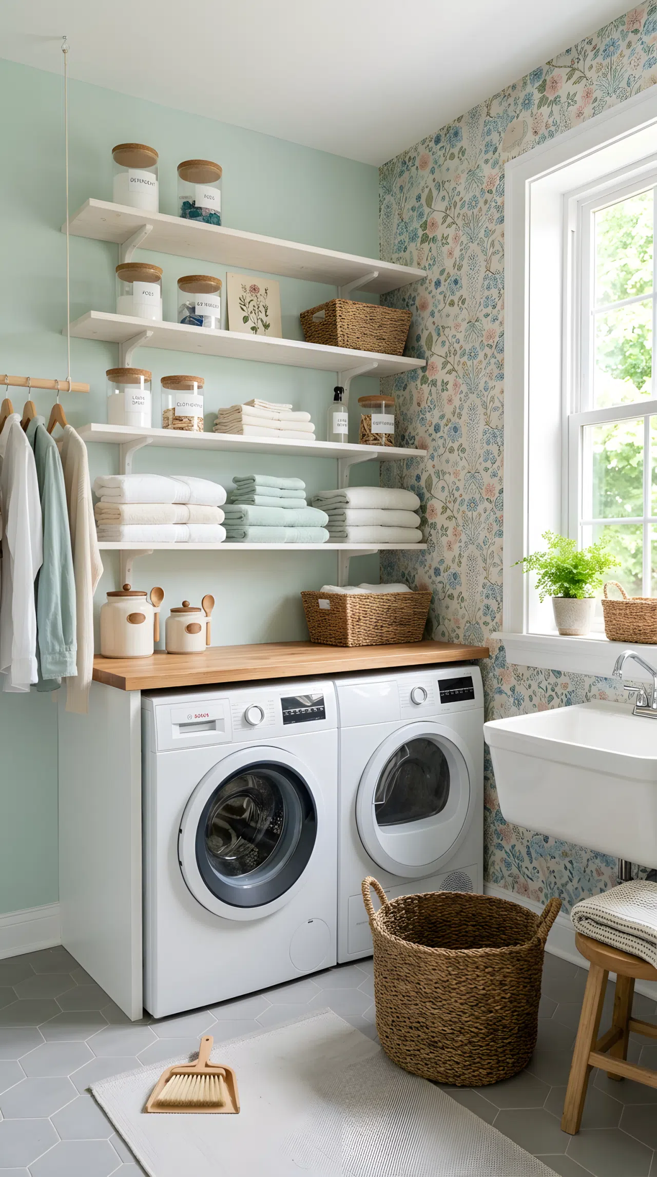 Real-life photograph of a laundry room with soft mint painted walls and one vintage floral wallpaper accent wall, white open shelving neatly styled with glass canisters and folded linens, bright natural light coming through a nearby window, clean and beautifully organized space, vibrant mint and floral tones, stock photo style, no people