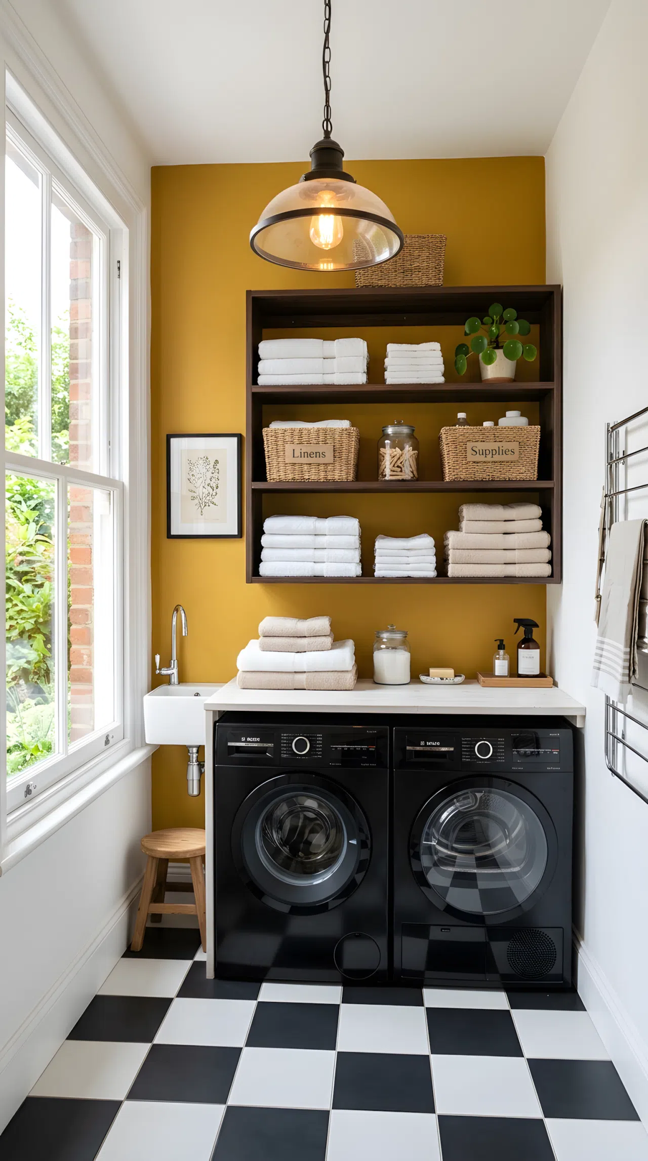 Real-life photograph of a laundry room with a golden mustard accent wall, dark wood open shelving neatly arranged with folded towels, vintage-inspired pendant light hanging directly above the folding counter to cast warm light downward, black and white checkered floor accents, bright natural light also entering through a window, clean organized space, vibrant mustard tones, stock photo style, no people