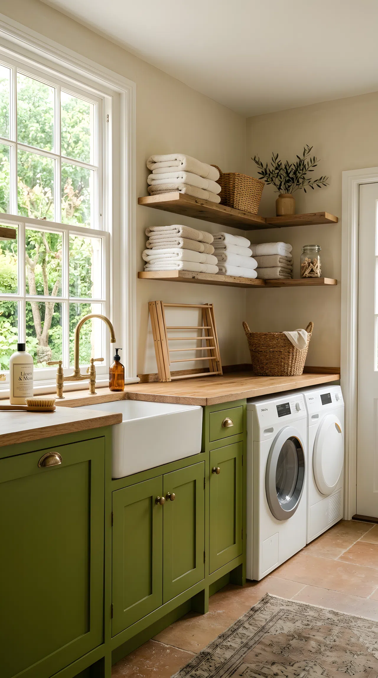 Real-life photograph of a laundry room with olive green lower cabinets, soft oatmeal colored walls, unlacquered brass cabinet hardware, folded neutral towels neatly stacked on open shelving above, bright natural light coming through a nearby window, clean and organized space, vibrant earthy olive tones, stock photo style, no people