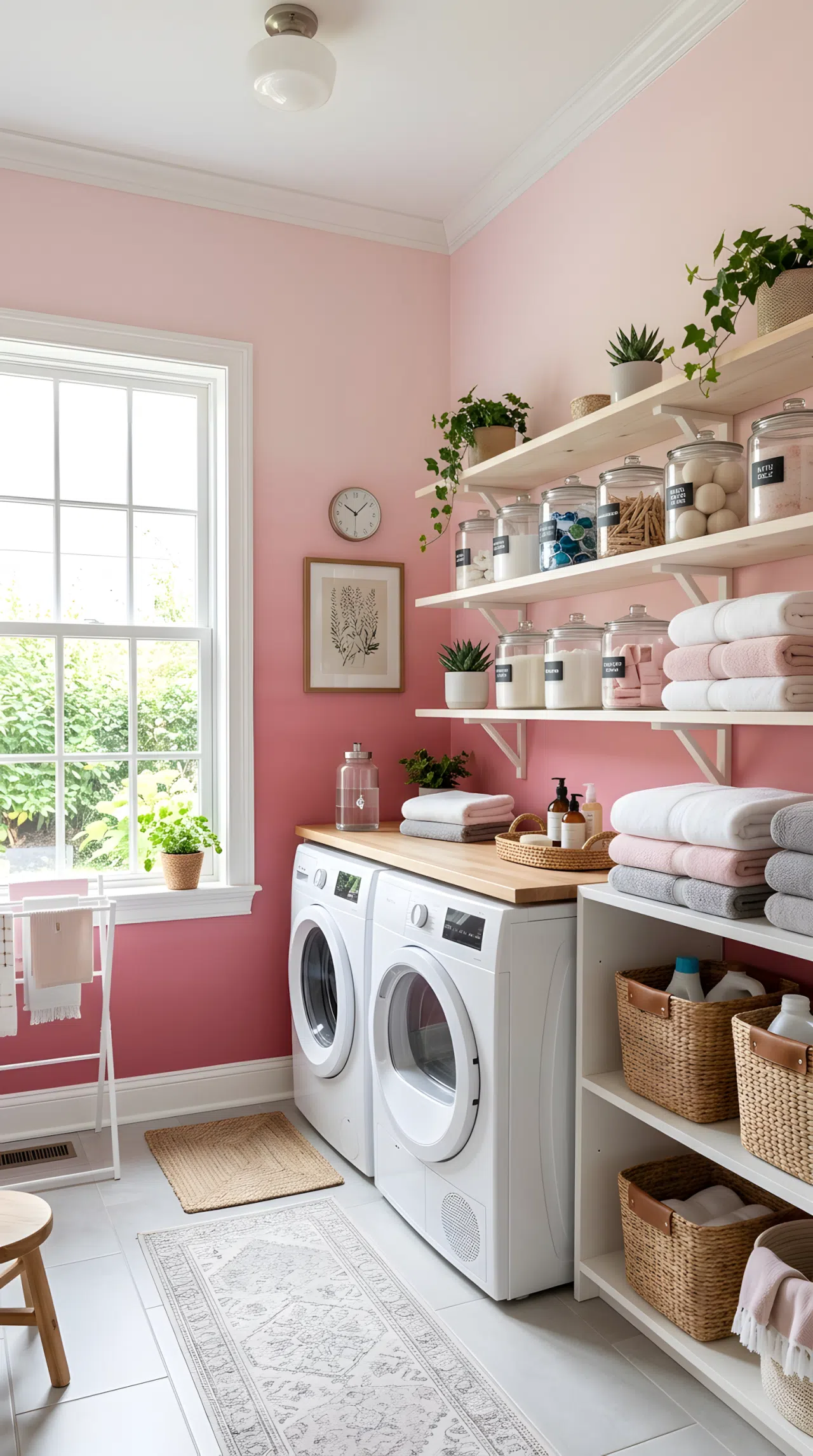 Real-life photograph of a laundry room with an ombre painted wall fading from deep rose at the bottom to pale pink near the top, white open shelving neatly styled with clear glass jars and folded towels, bright natural light streaming through a window, clean and beautifully organized space, vibrant pink gradient tones, stock photo style, no people
