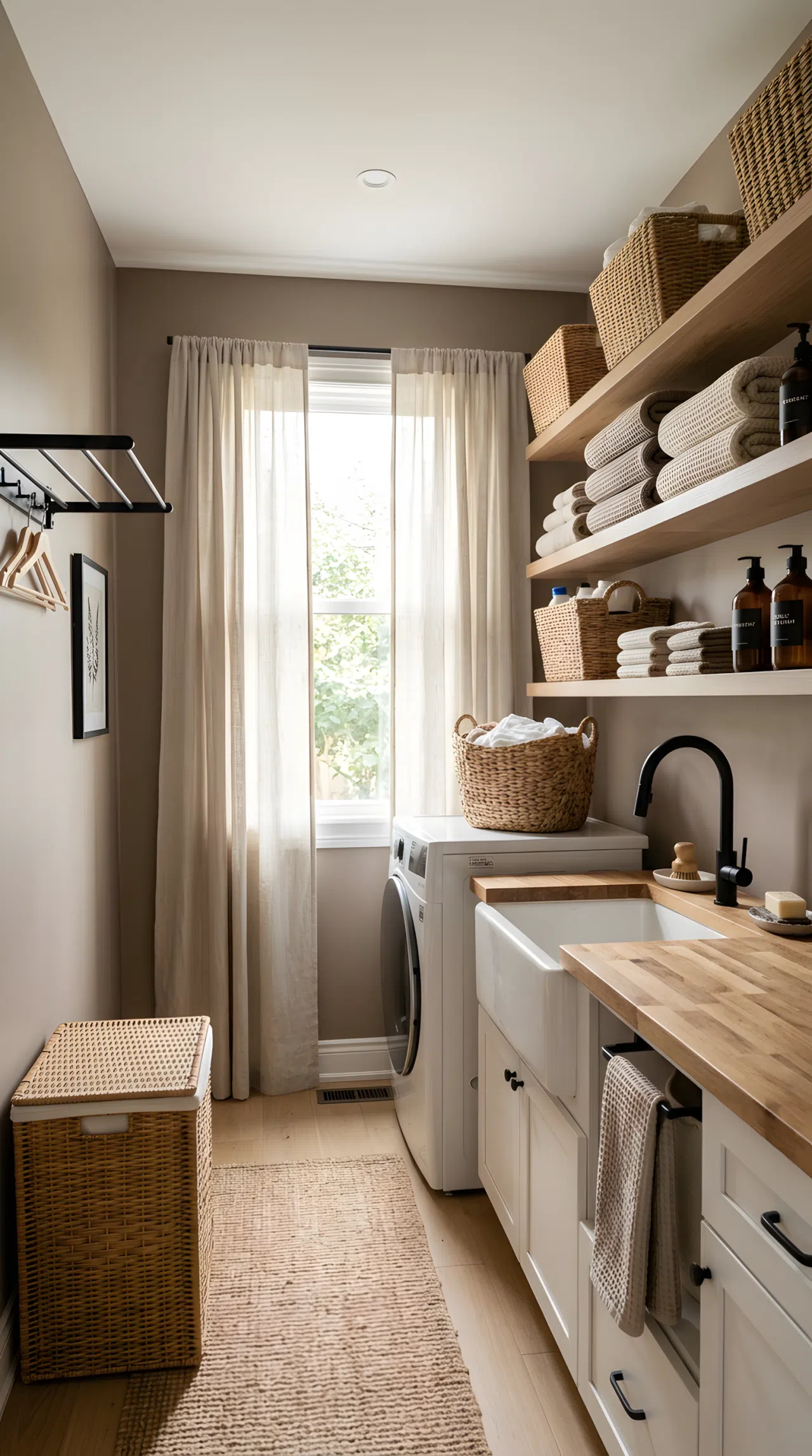 Real-life photograph of a laundry room with warm taupe painted walls, linen curtain over the window, matte black fixtures, woven baskets and folded waffle-weave towels neatly arranged on open shelving, bright natural light filtering softly through the linen curtain, clean organized space, vibrant warm neutral tones, stock photo style, no people