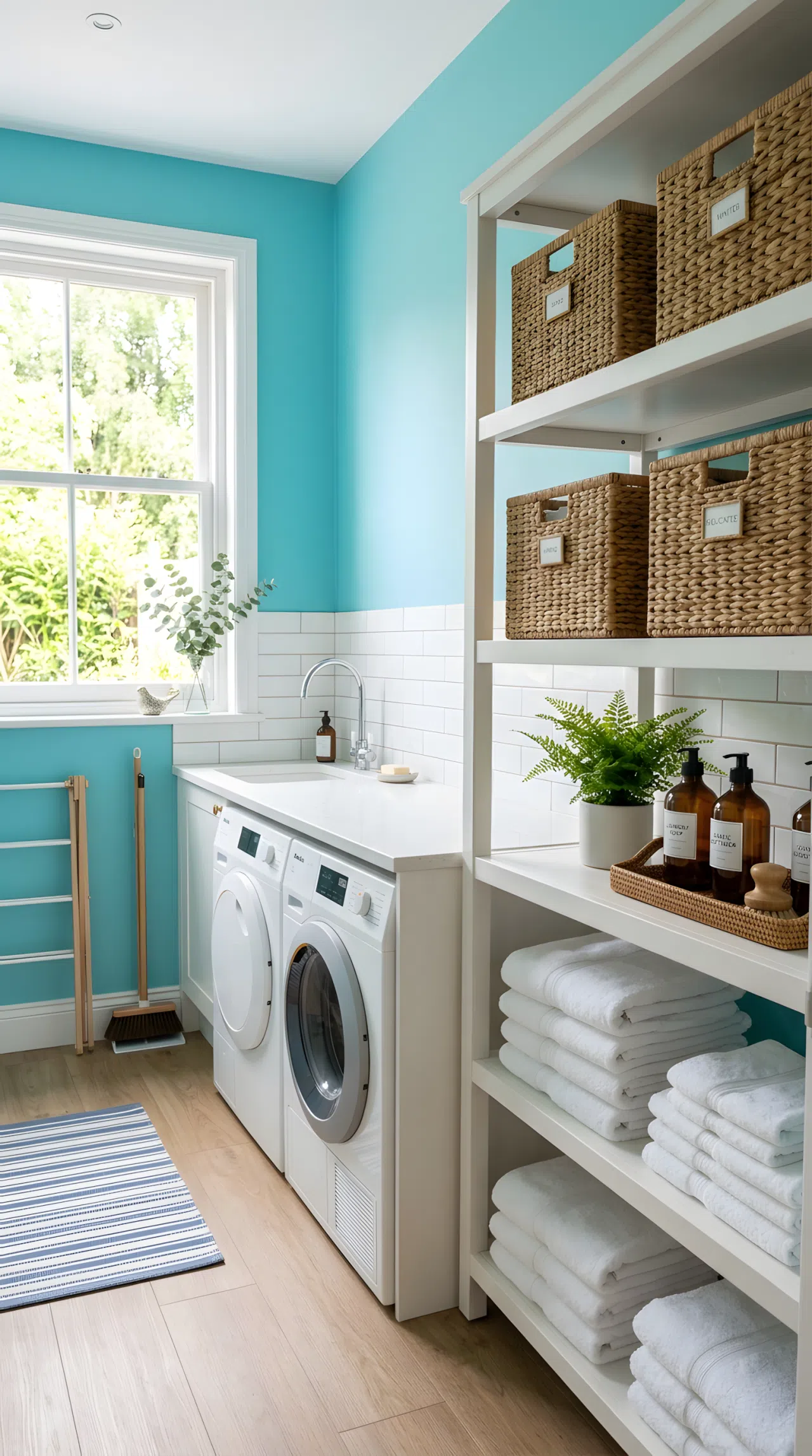 Real-life photograph of a laundry room with turquoise painted walls, white subway tile backsplash, rattan storage baskets neatly arranged on white open shelving, folded white towels beautifully stacked, bright natural light pouring through a nearby window, clean organized space, vibrant turquoise tones, stock photo style, no people