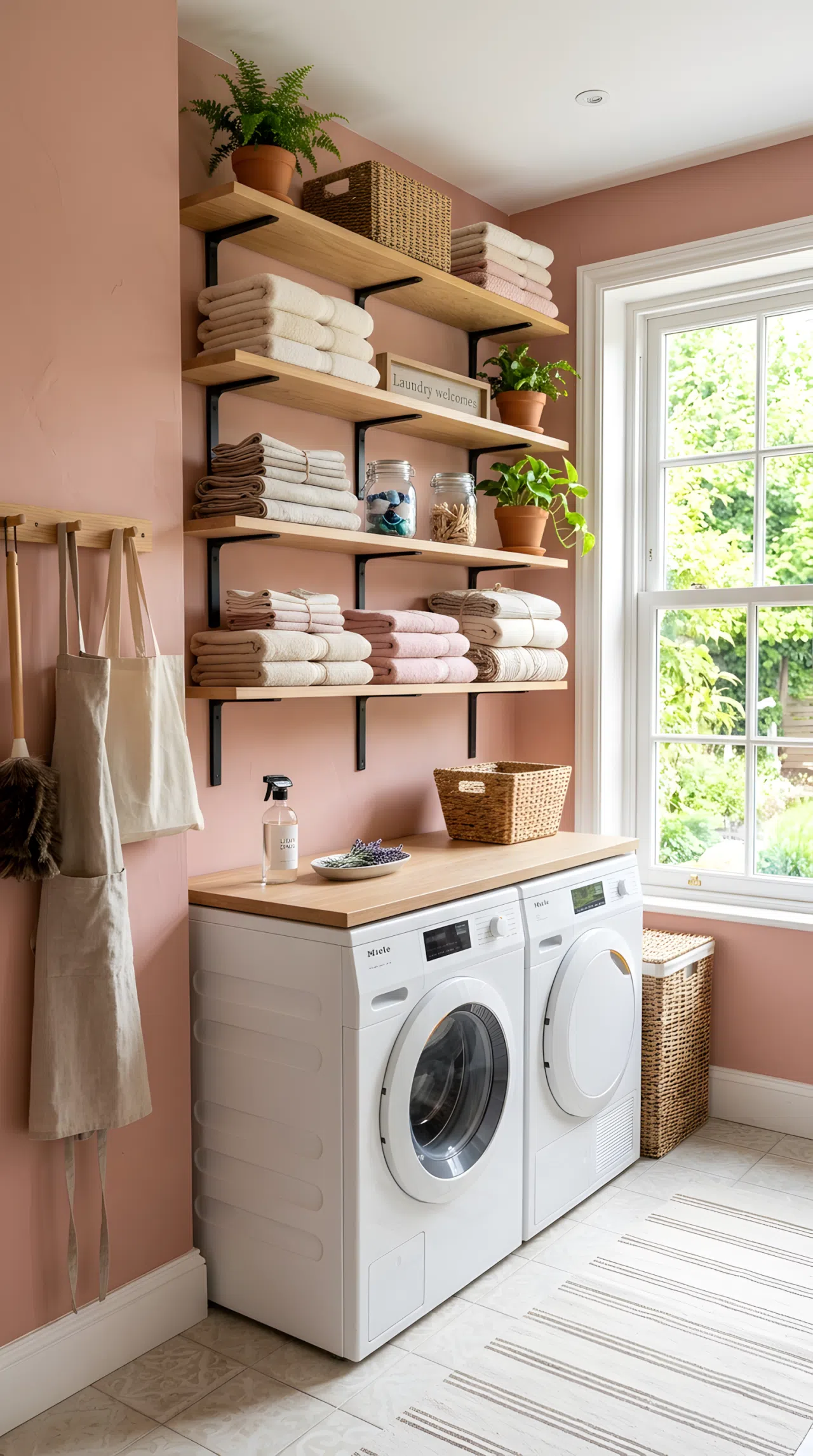 Real-life photograph of a laundry room with soft clay pink painted walls, open wood shelving mounted on matte black brackets, neatly folded linens beautifully displayed, bright natural light coming through a window, clean and organized space, vibrant clay pink tones, stock photo style, no people