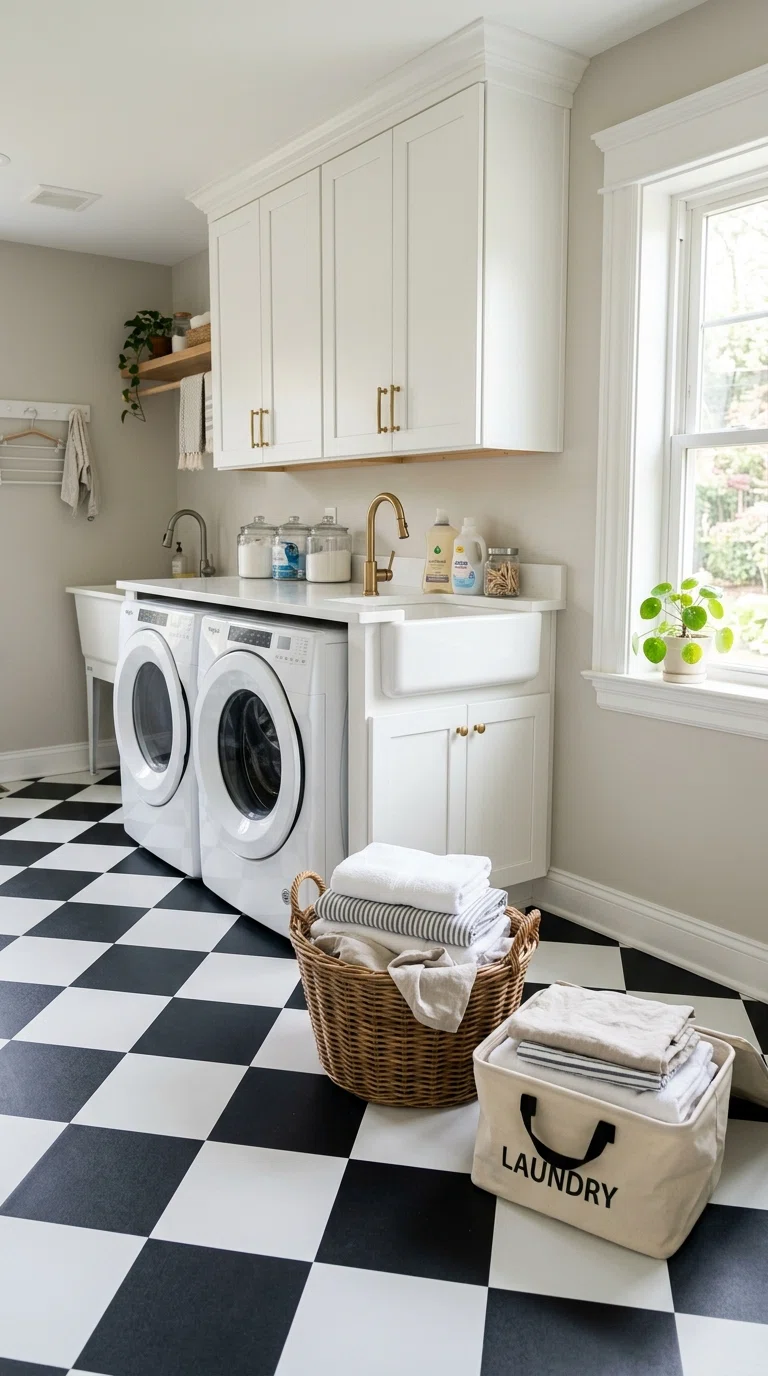 Real-life photo of a laundry room with black and white checkerboard vinyl flooring, white cabinetry, brass hardware, folded laundry basket on the floor, soft natural window light, clean and organized, stock-photo style, no illustration.