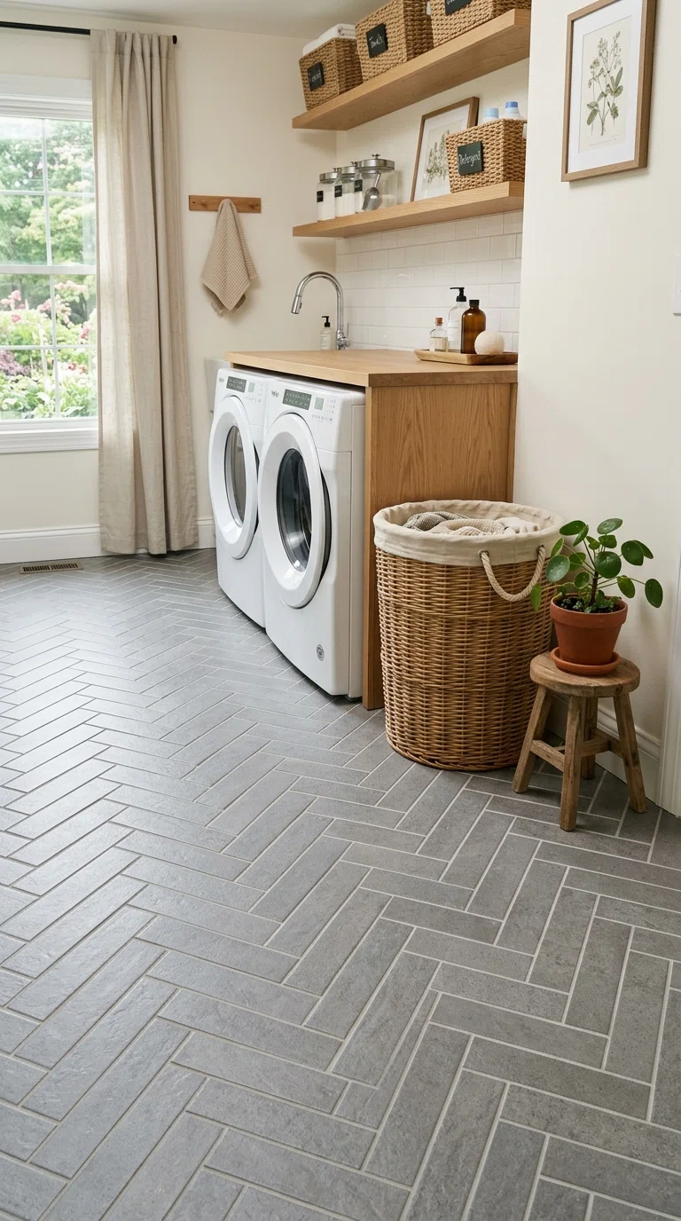 Real-life photo of a laundry room floor laid in herringbone gray porcelain tile, washer and dryer in the background, linen hamper beside a small potted plant, soft daylight, tidy and photogenic, DSLR photography style.