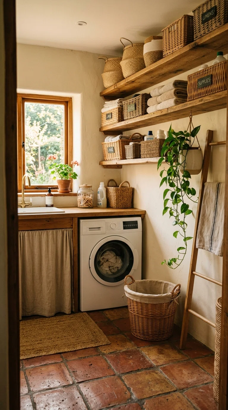 Real-life photo of warm terracotta tile flooring in a sunlit laundry nook, woven baskets stacked on open shelving, hanging greenery, warm afternoon light, cozy rustic styling, authentic home photography, no render.