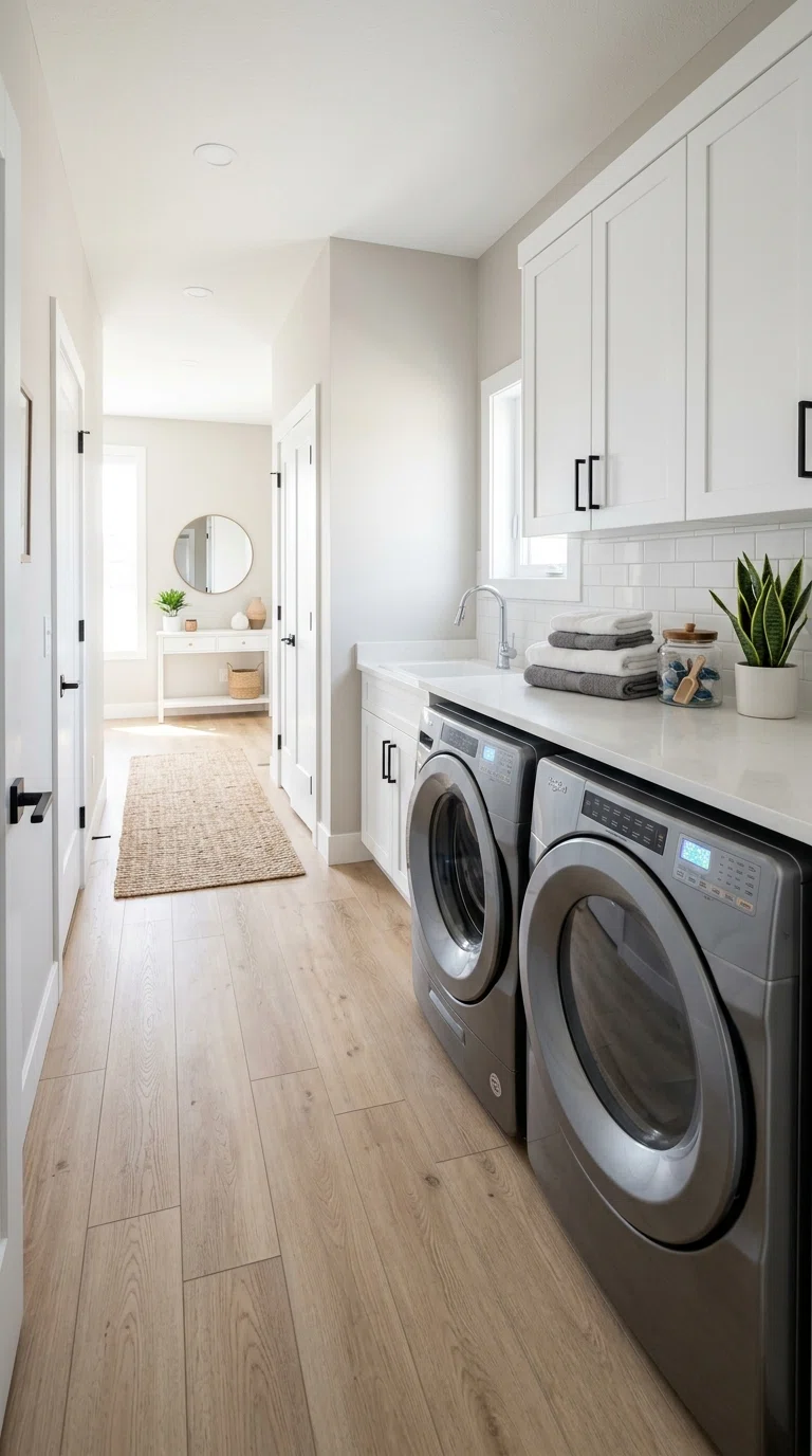 Real-life photo of light oak luxury vinyl plank flooring in an open laundry room connected to a hallway, front-load machines, neutral décor, bright even lighting, clean modern home photography style.