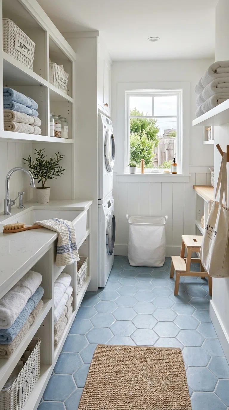 Real-life photo of soft blue hexagon tile flooring in a coastal-style laundry room, white shelving, folded towels, natural light streaming through a small window, calm and tidy, authentic interior photograph.